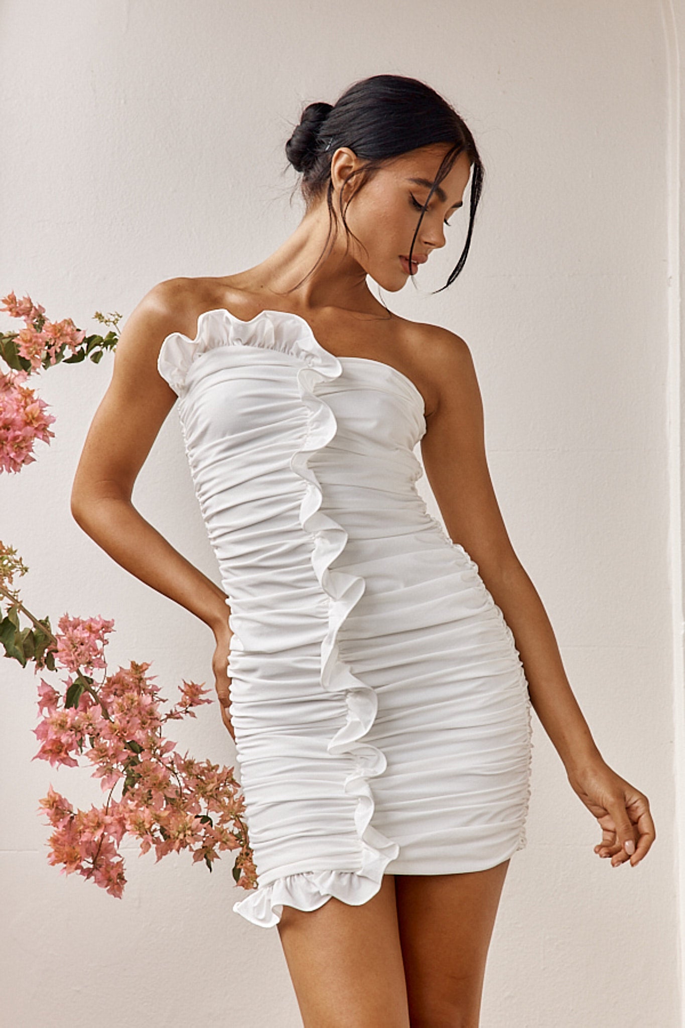 Summer Dawn Ruffle Trim Ruched Mini Dress White-Maymioy