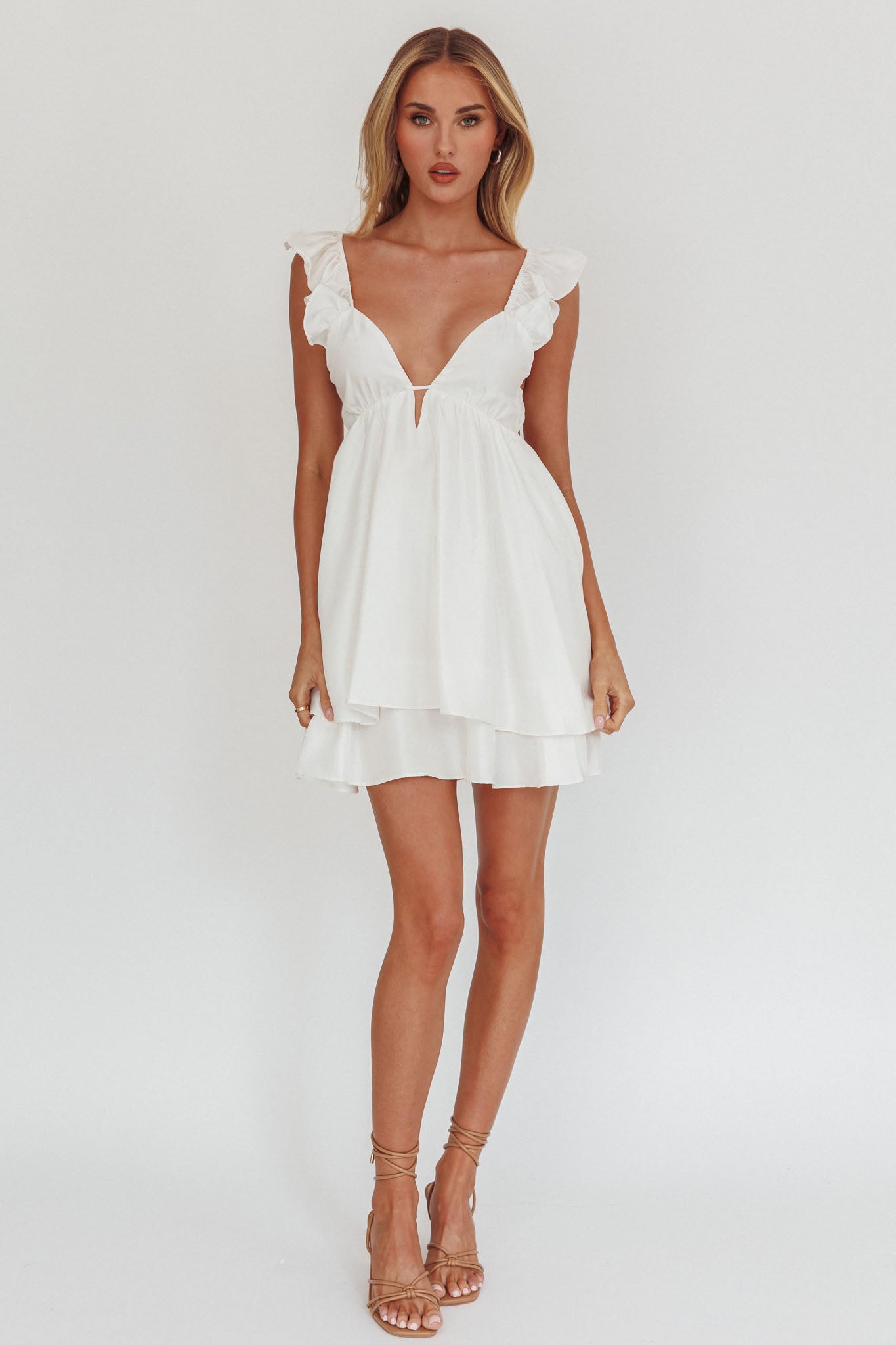 Siren Song Frill Strap Mini Dress White-Maymioy