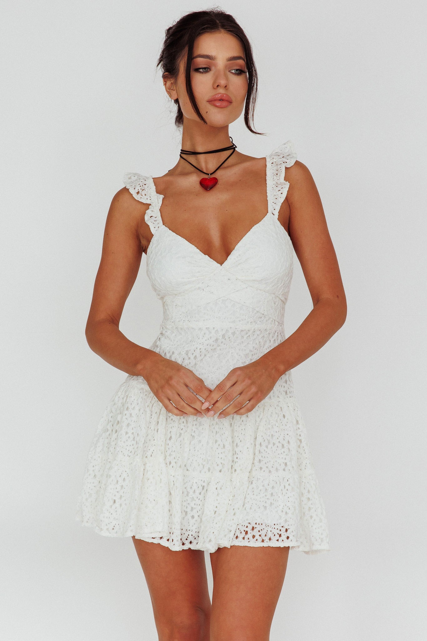 Short Notice Ruffle Strap Lace Mini Dress White-Maymioy