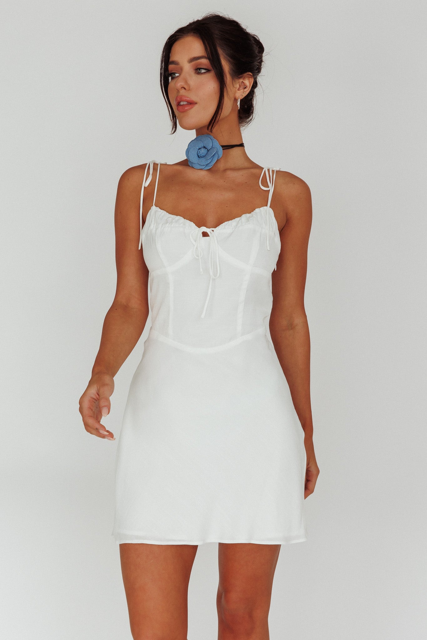 Heavenly Feels Tied Shoulder Mini Dress White-Maymioy