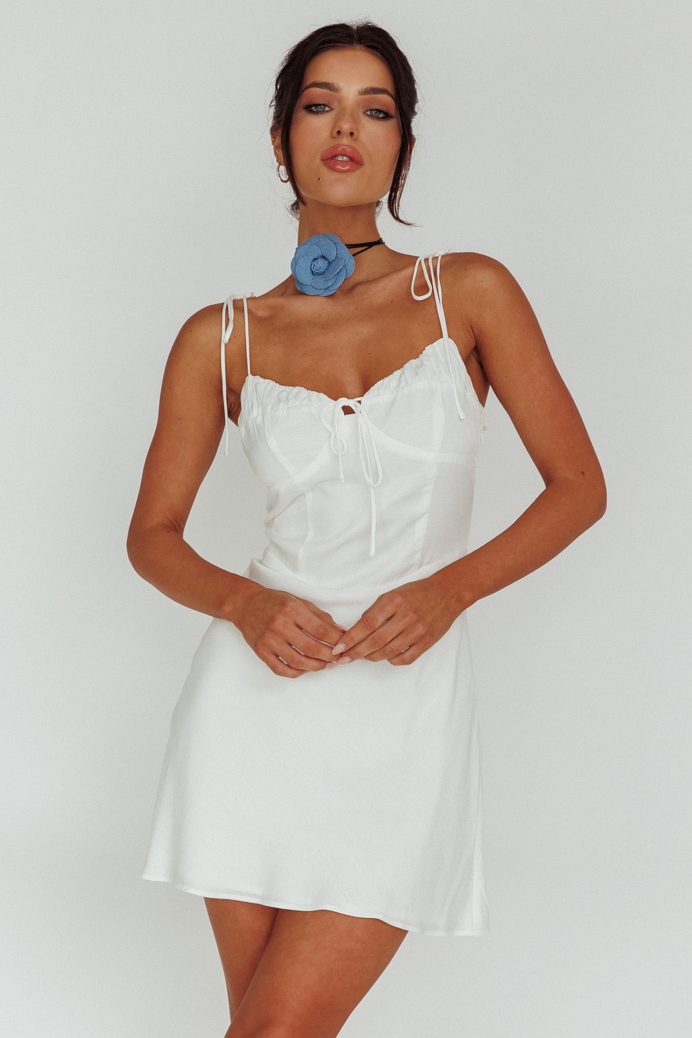 Heavenly Feels Tied Shoulder Mini Dress White-Maymioy