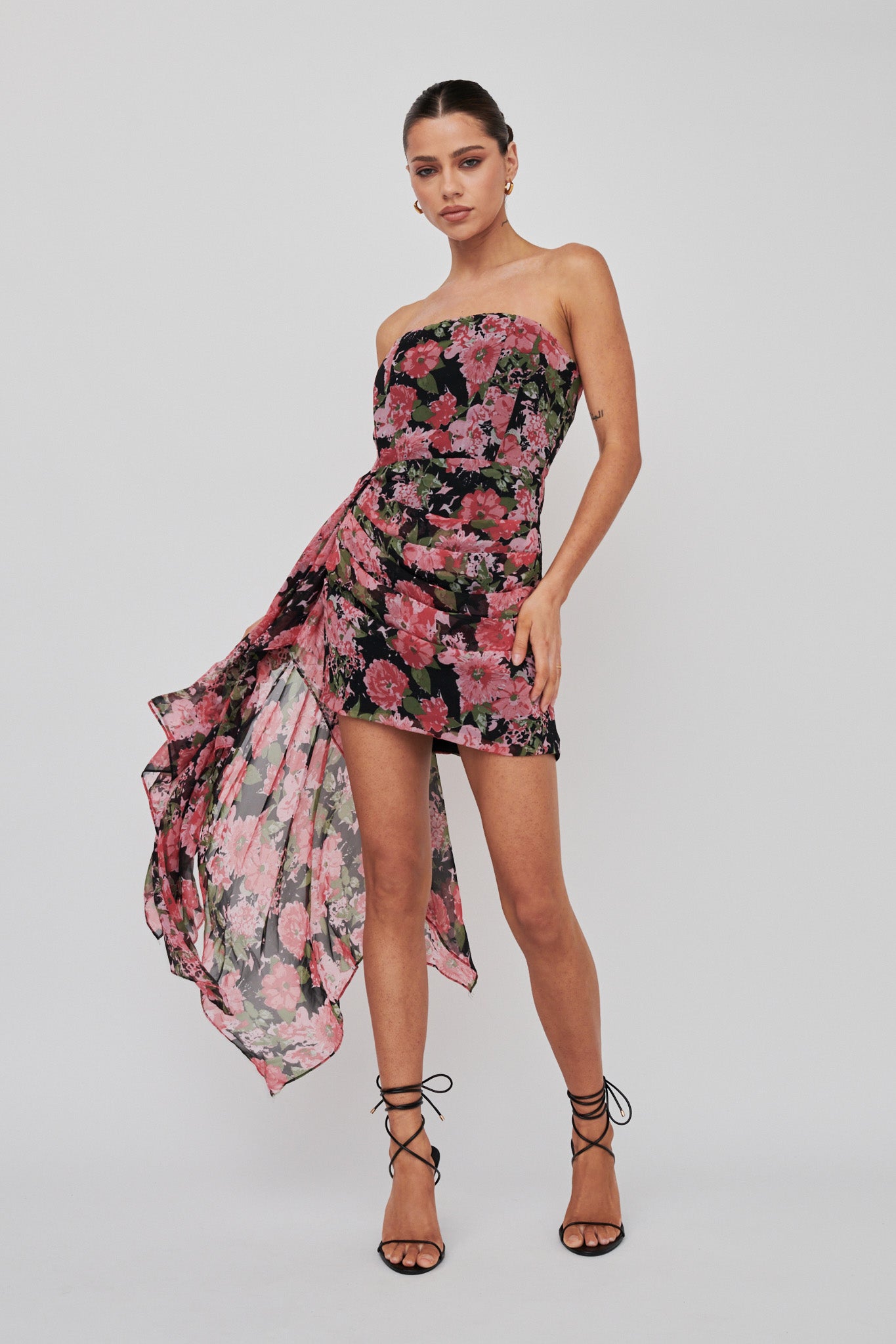 Midnight Sun Strapless Waist Sash Mini Dress Floral Black-Maymioy