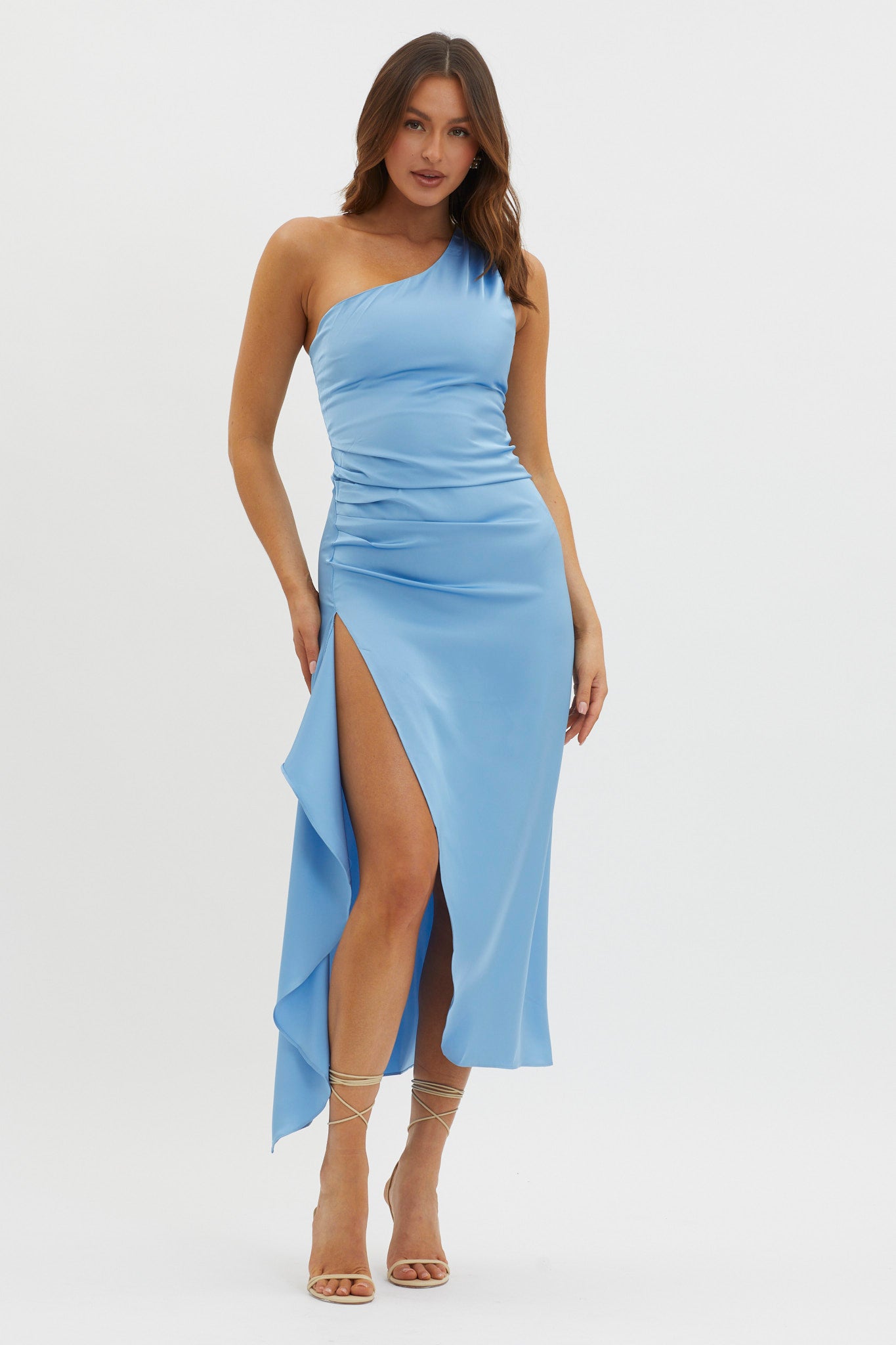 Salut One-Shoulder Midi Dress Slate Blue-Maymioy
