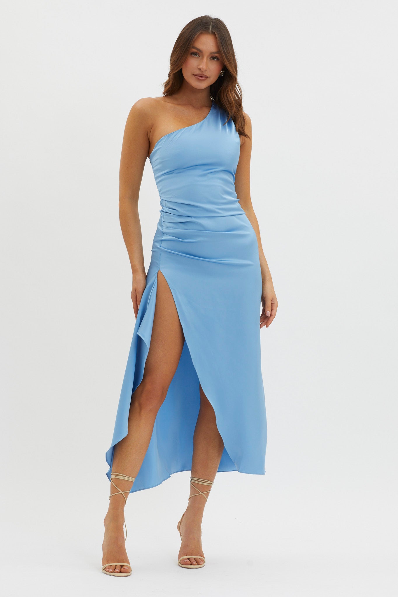 Salut One-Shoulder Midi Dress Slate Blue-Maymioy