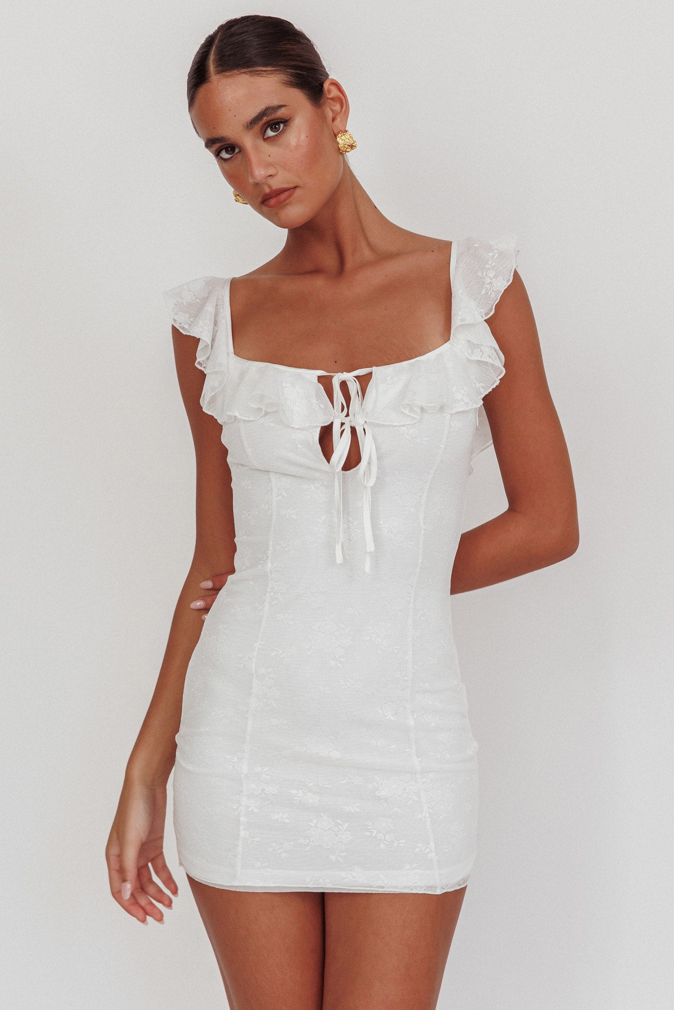 Sweet Saturday Tied Bust Ruffle Mini Dress White-Maymioy