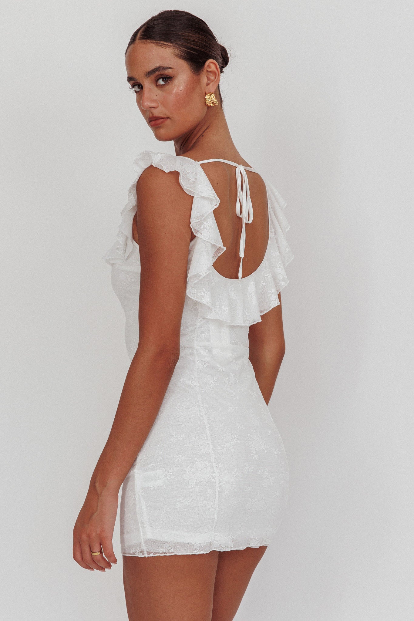 Sweet Saturday Tied Bust Ruffle Mini Dress White-Maymioy