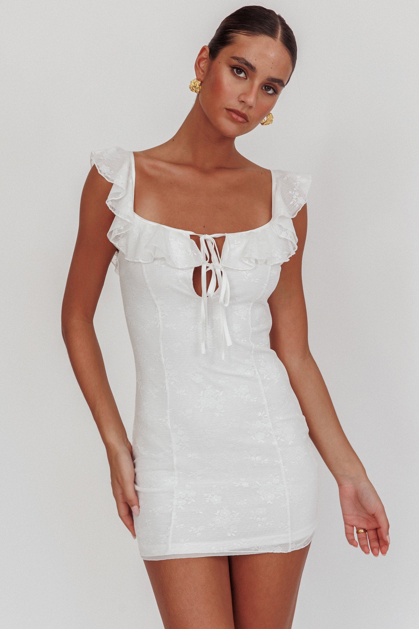 Sweet Saturday Tied Bust Ruffle Mini Dress White-Maymioy