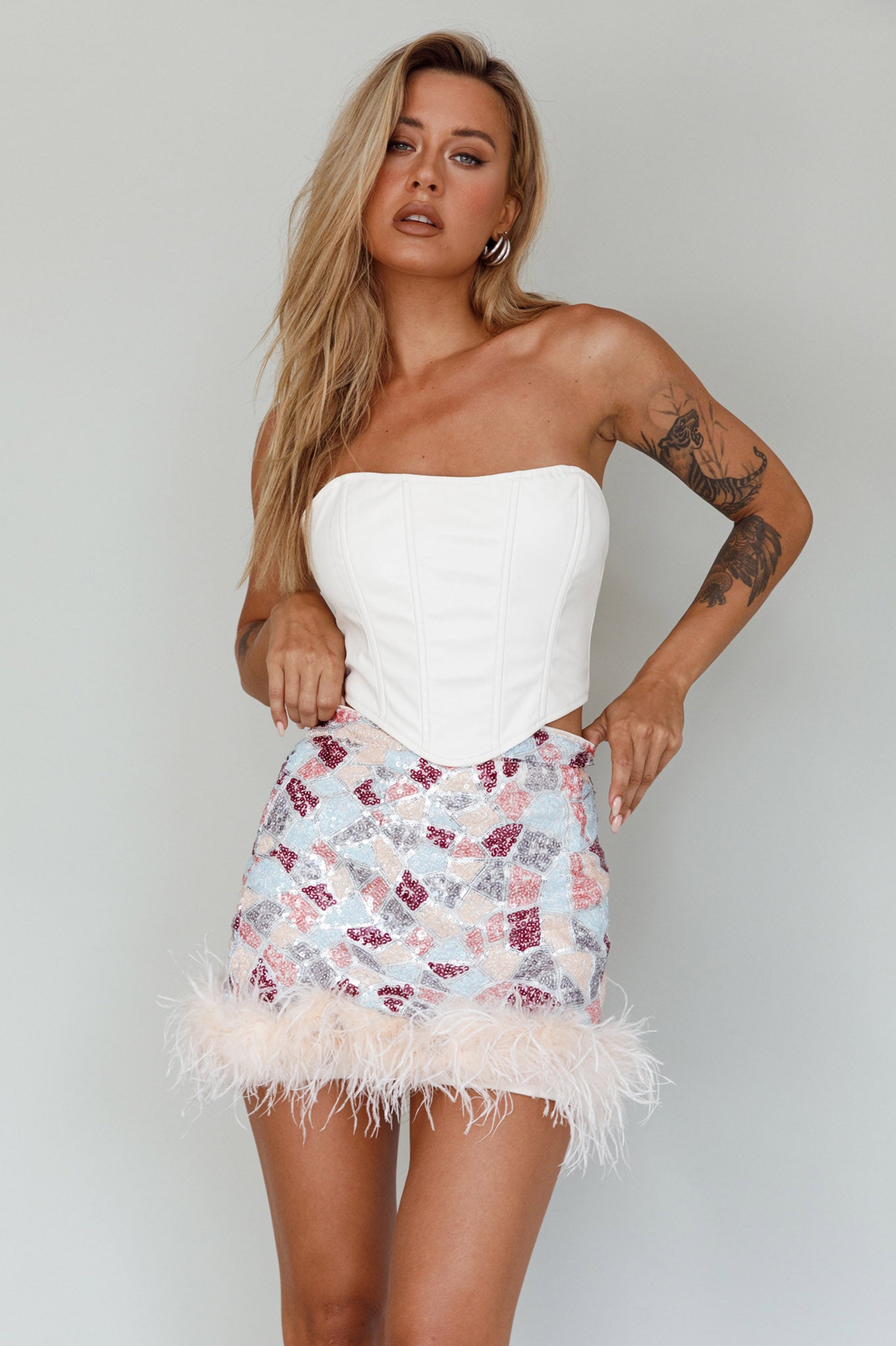 Sunset Boulevard Sequin Feather Mini Skirt Multi-Maymioy