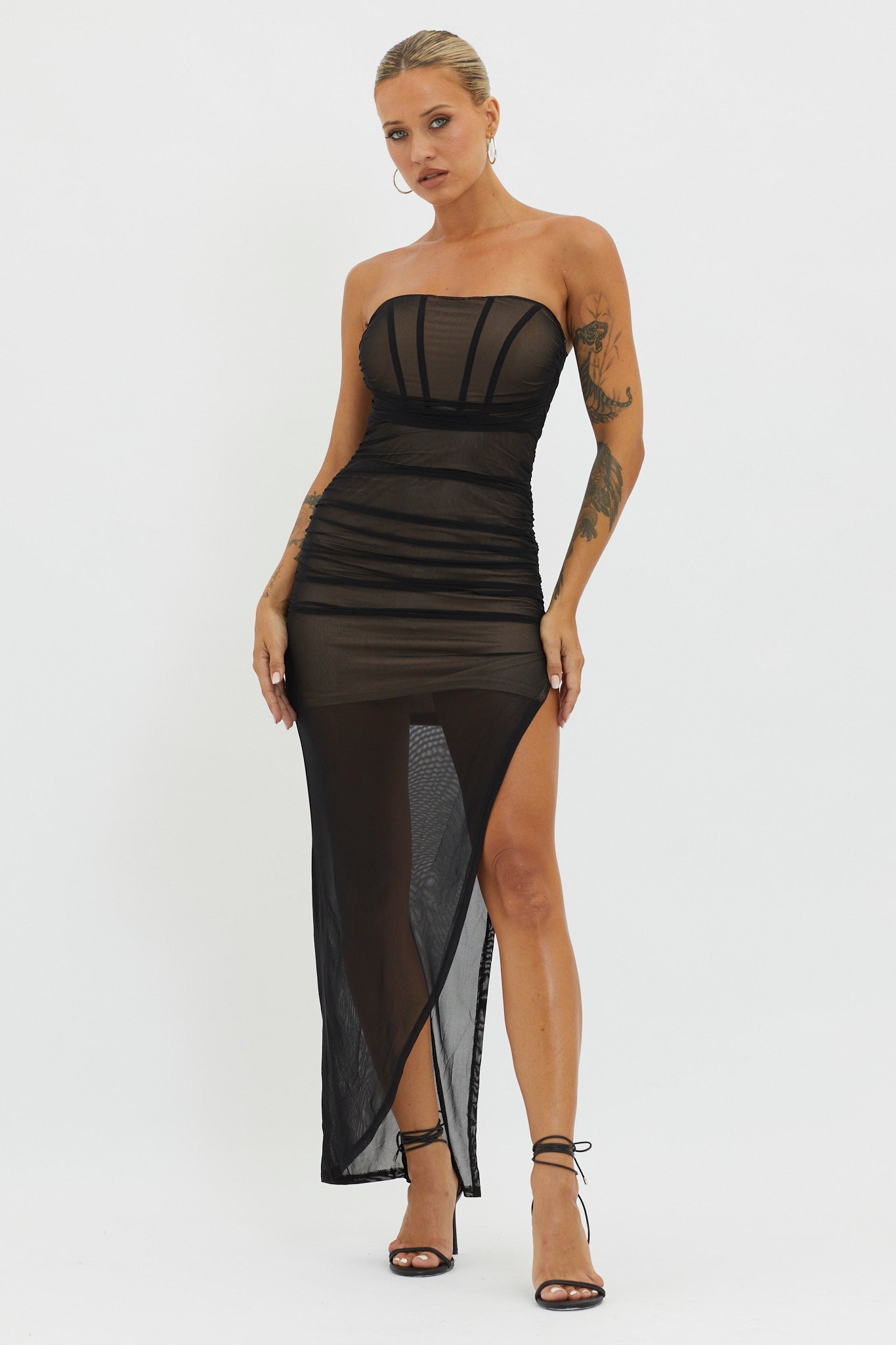 LA Nights Strapless Sheer Midi Dress Black/Nude-Maymioy