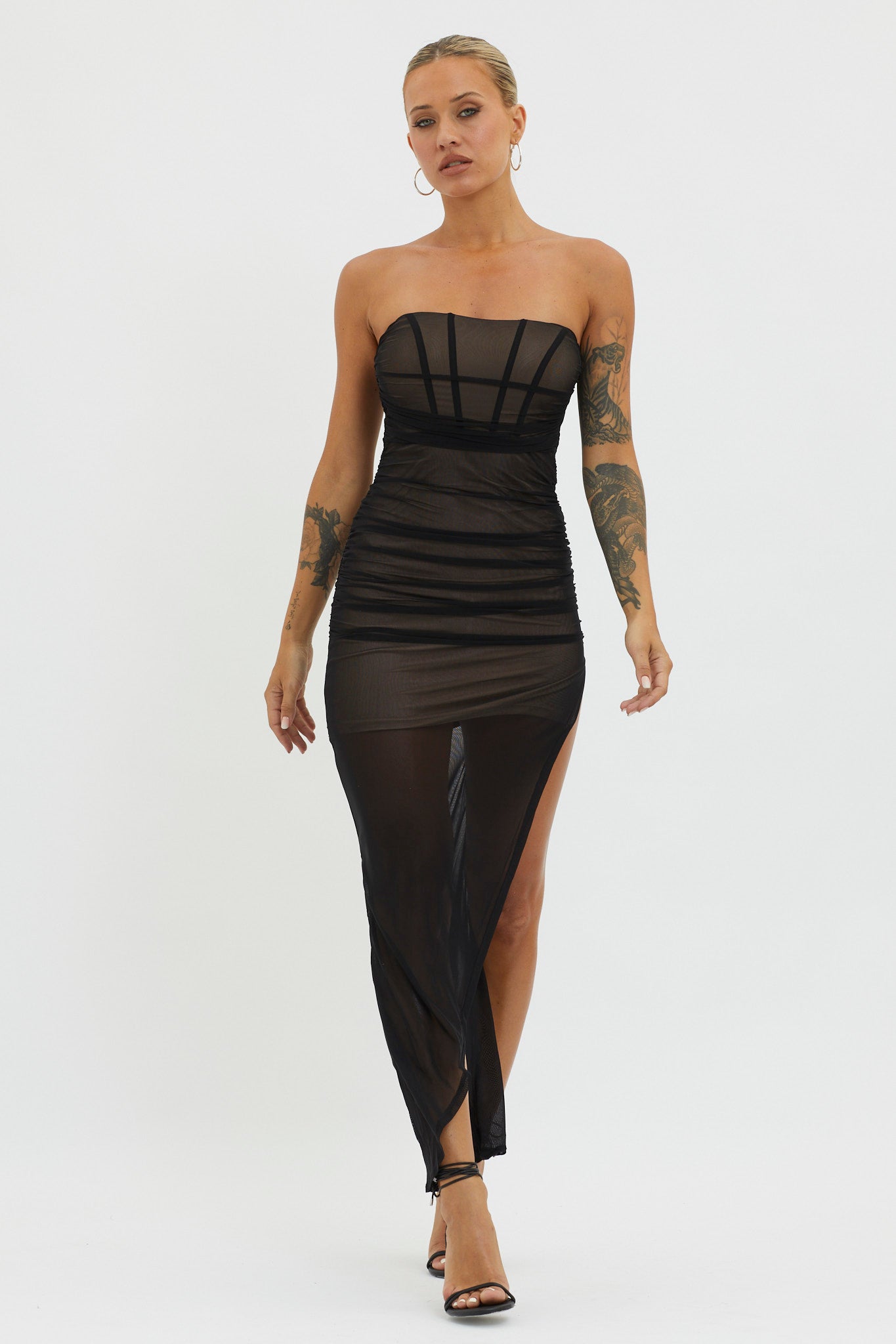 LA Nights Strapless Sheer Midi Dress Black/Nude-Maymioy