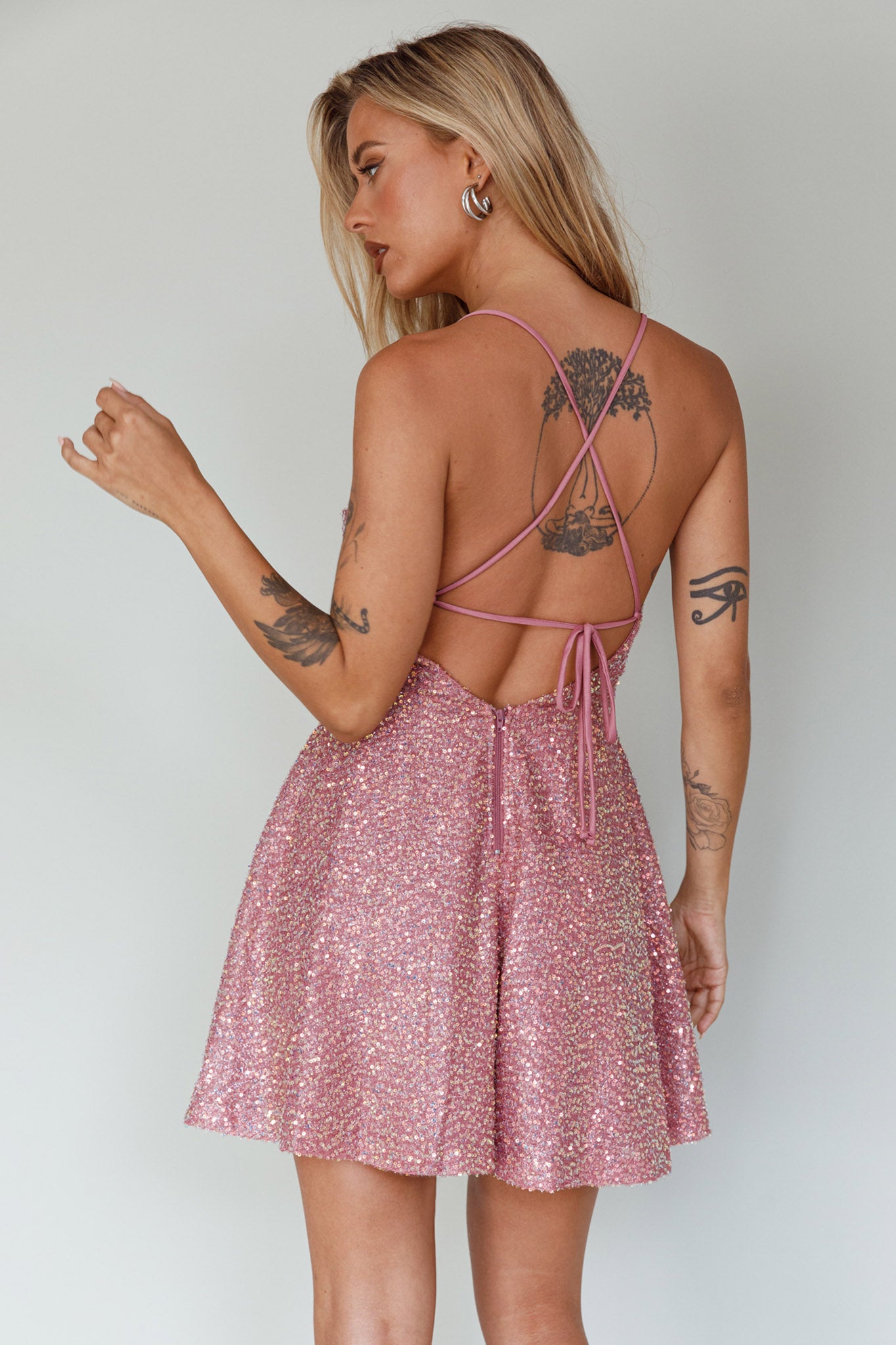 Into The Night Tied Back Sequin Dress Mauve-Maymioy