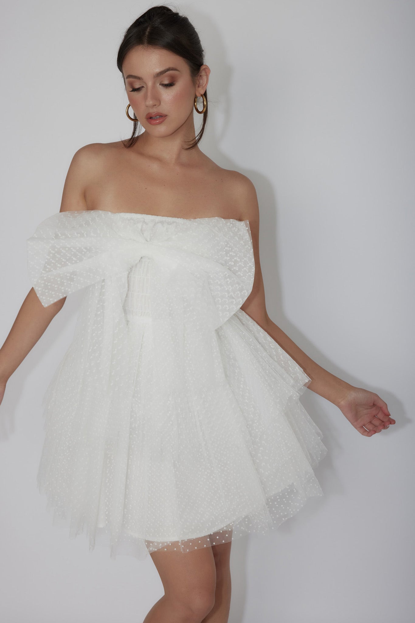 Deana Bow Bust Strapless Mini Dress Spotty White-Maymioy