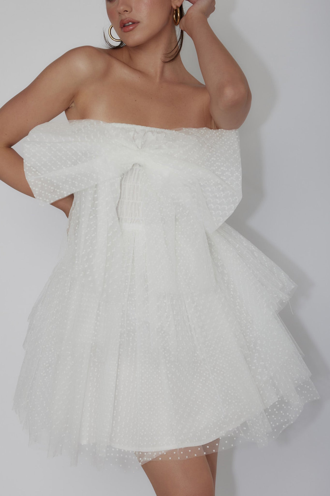Deana Bow Bust Strapless Mini Dress Spotty White-Maymioy