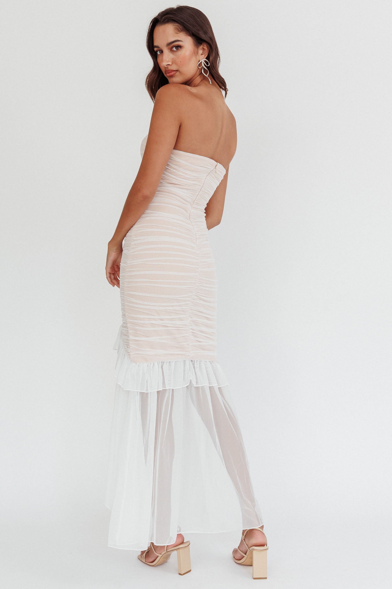 Mesmerize Strapless High-Low Hem Mesh Dress White-Maymioy