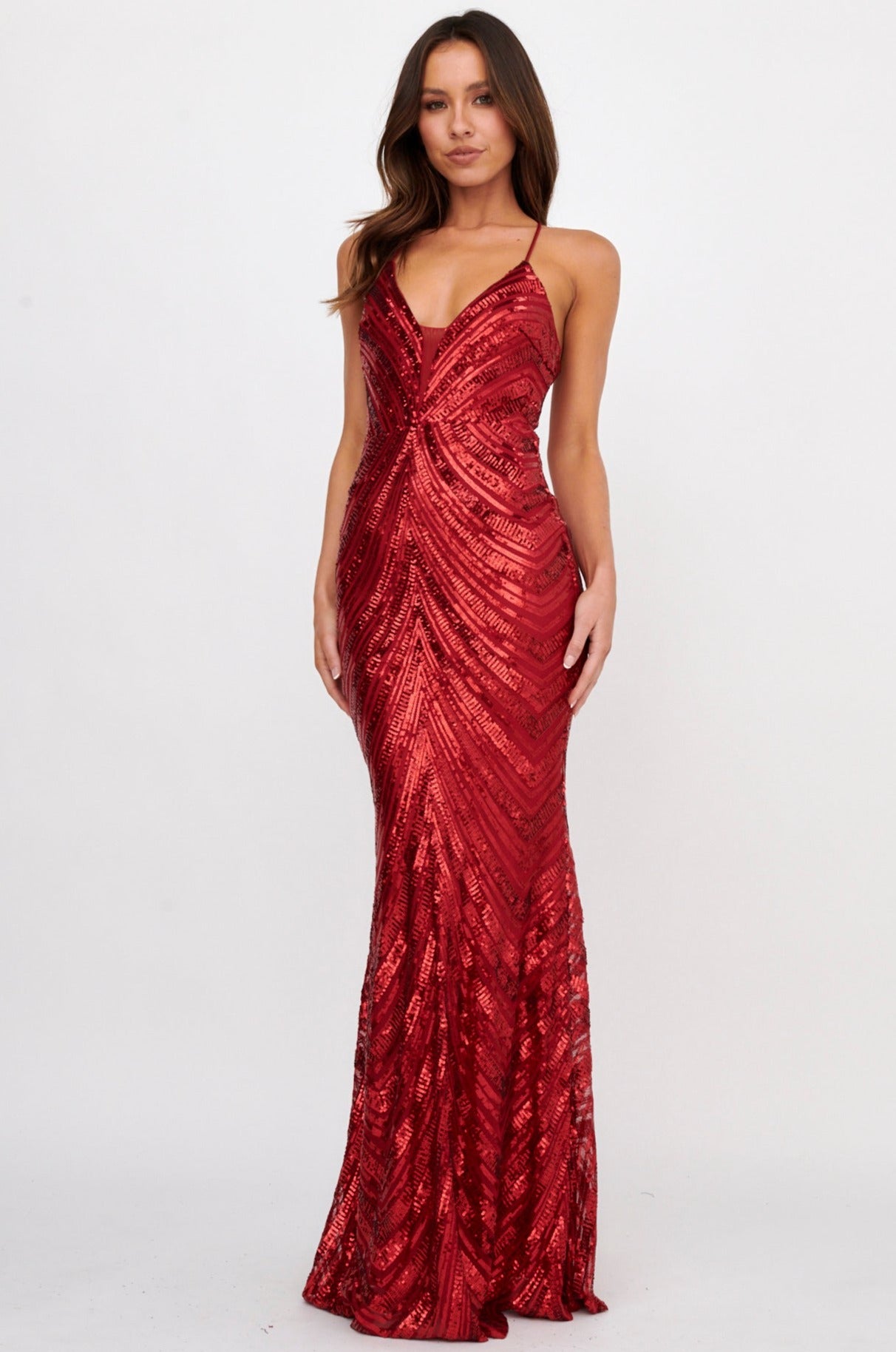 Dalila Open Tied Back Sequin Maxi Dress Red-Maymioy