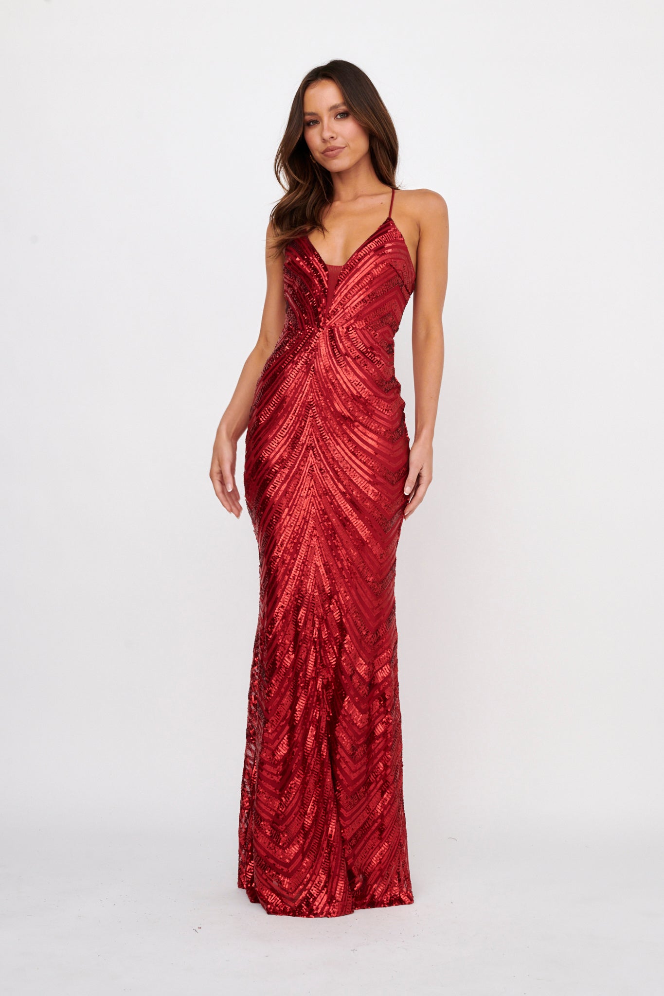 Dalila Open Tied Back Sequin Maxi Dress Red-Maymioy