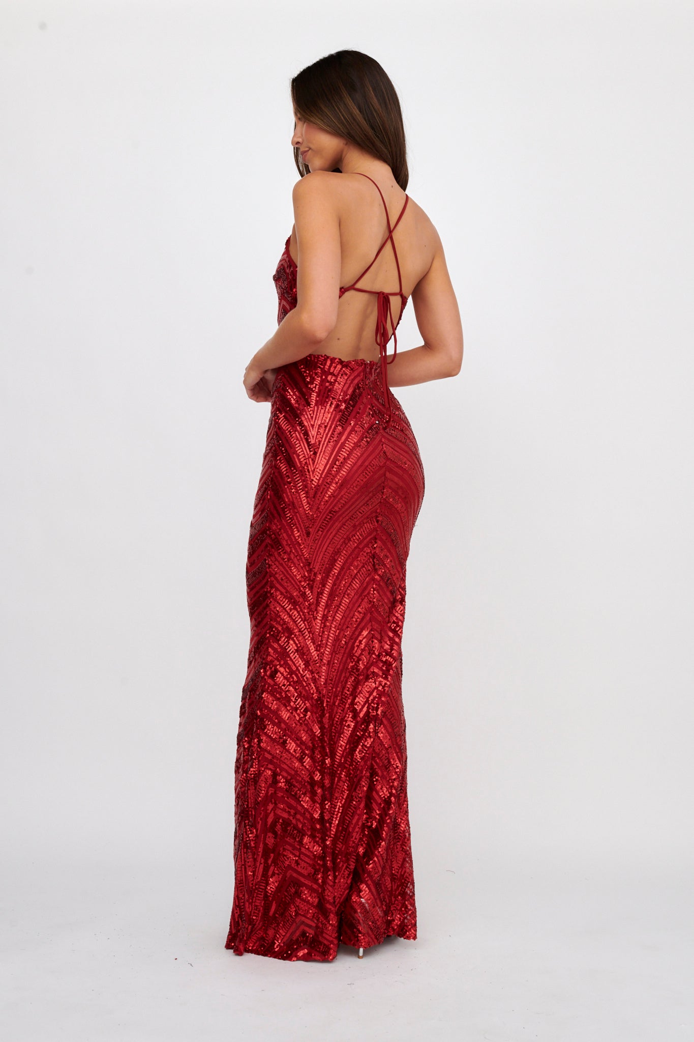 Dalila Open Tied Back Sequin Maxi Dress Red-Maymioy