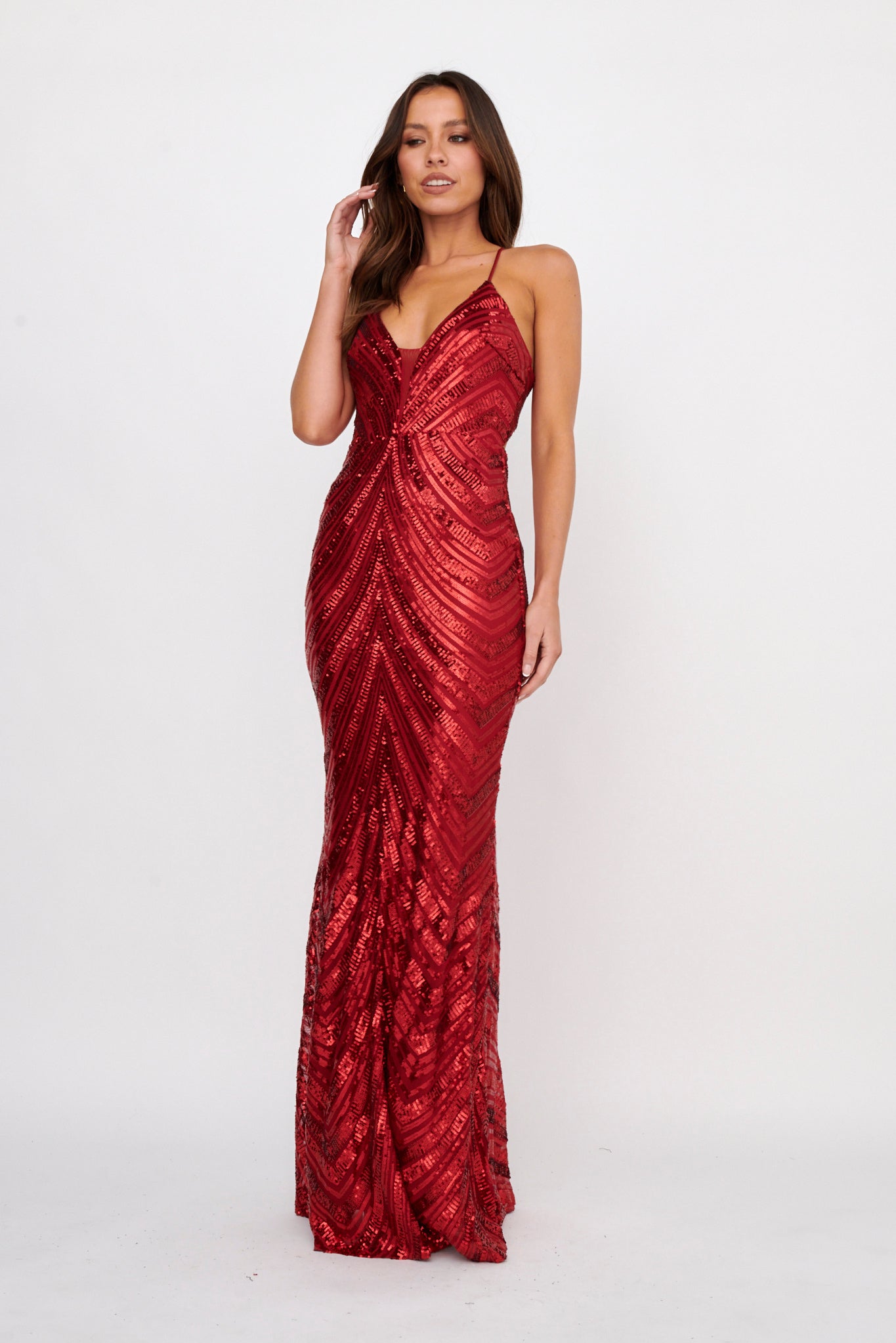 Dalila Open Tied Back Sequin Maxi Dress Red-Maymioy