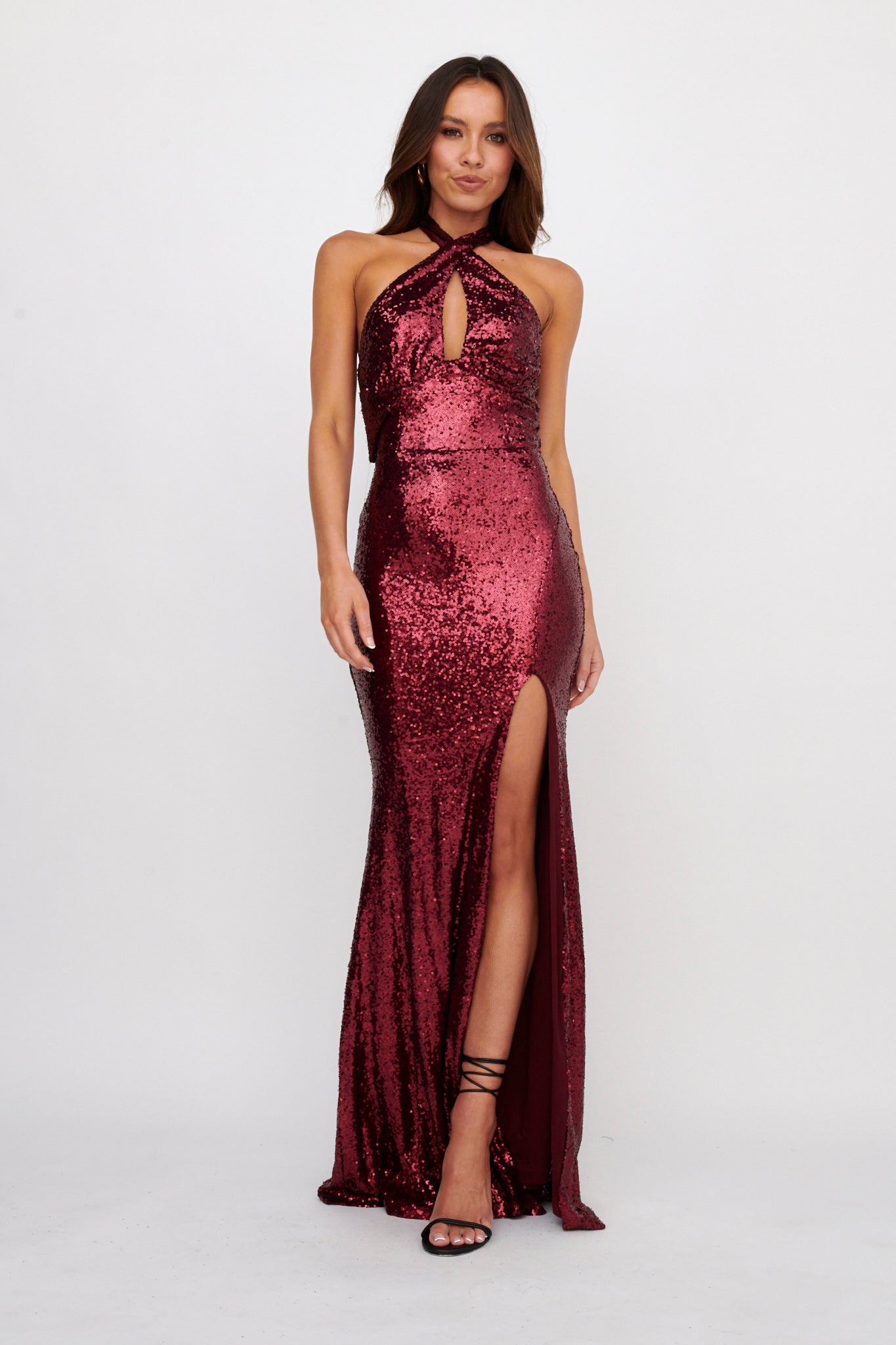 Rosella Halterneck Sequin Maxi Dress Burgundy-Maymioy