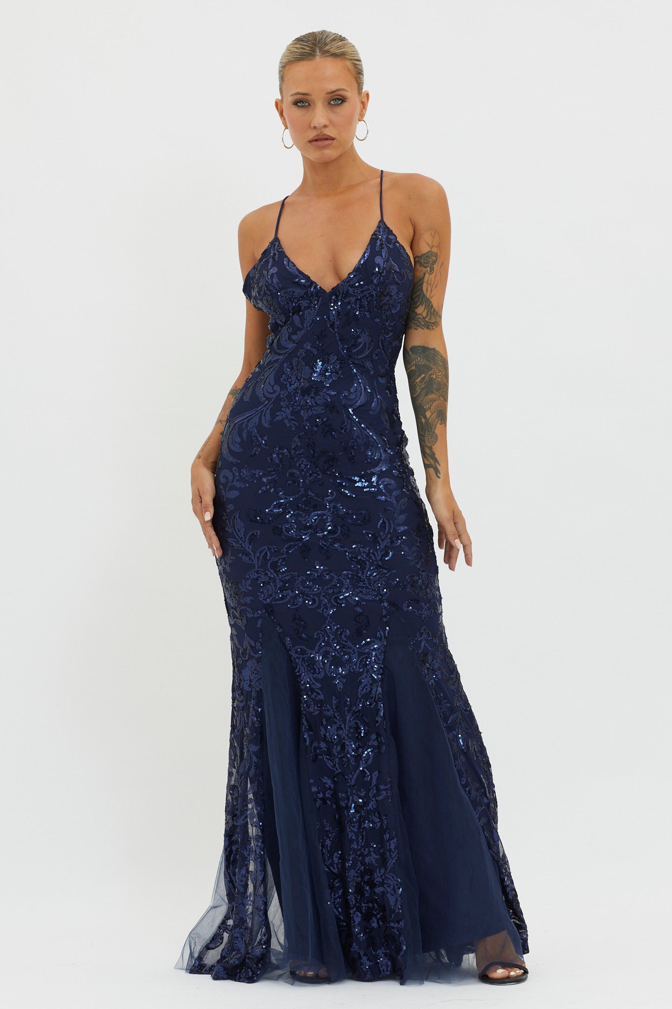 Serenade Song Godet Hem Sequin Maxi Dress Navy-Maymioy