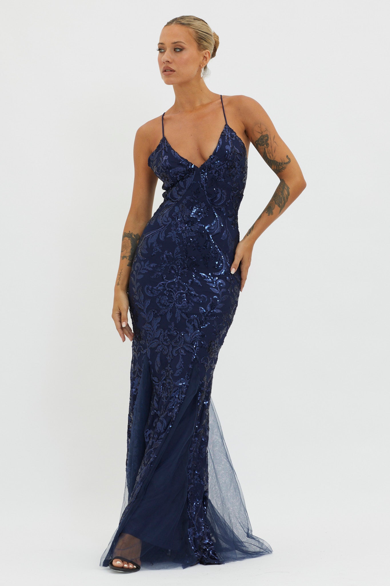 Serenade Song Godet Hem Sequin Maxi Dress Navy-Maymioy