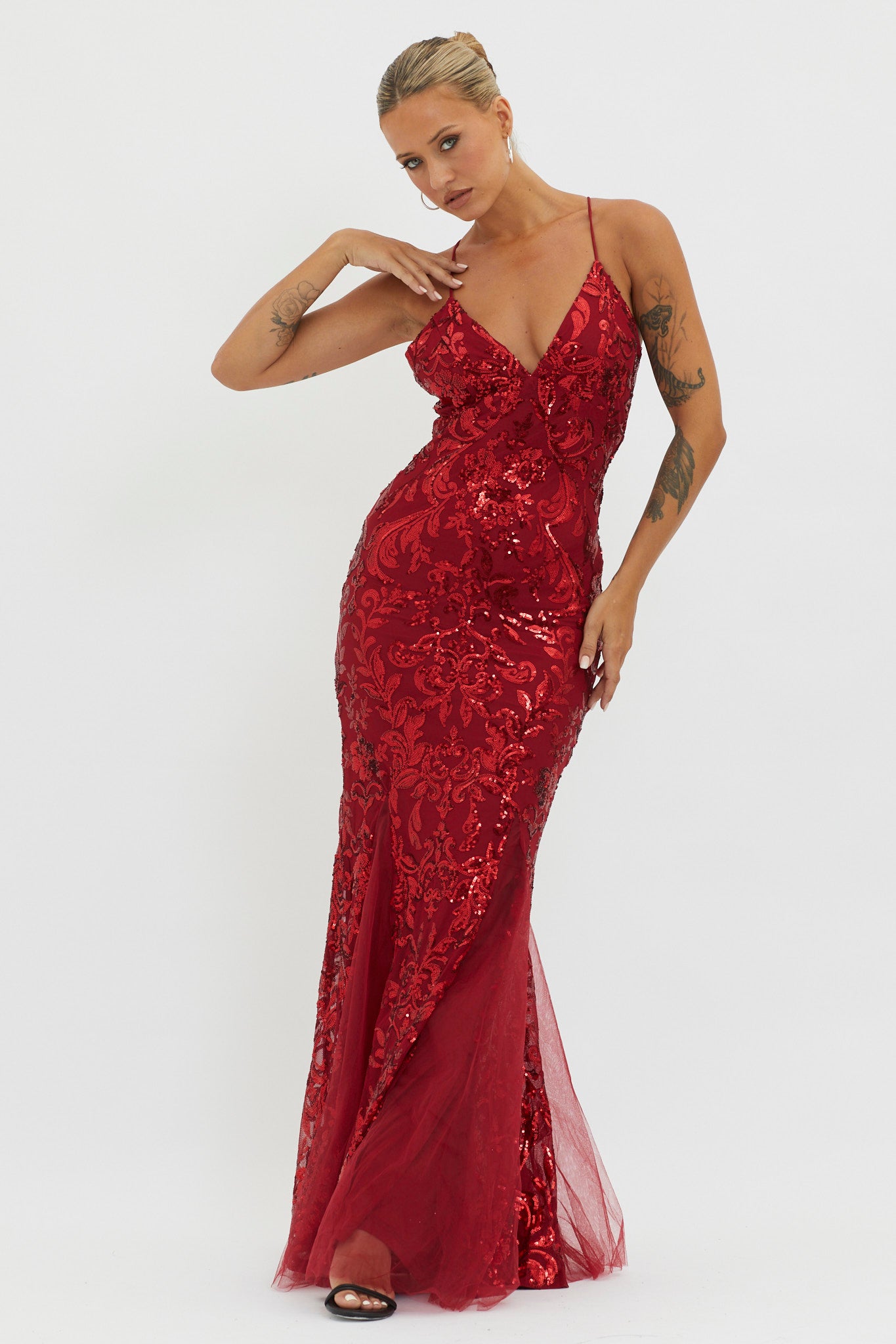 Serenade Song Godet Hem Sequin Maxi Dress Red-Maymioy
