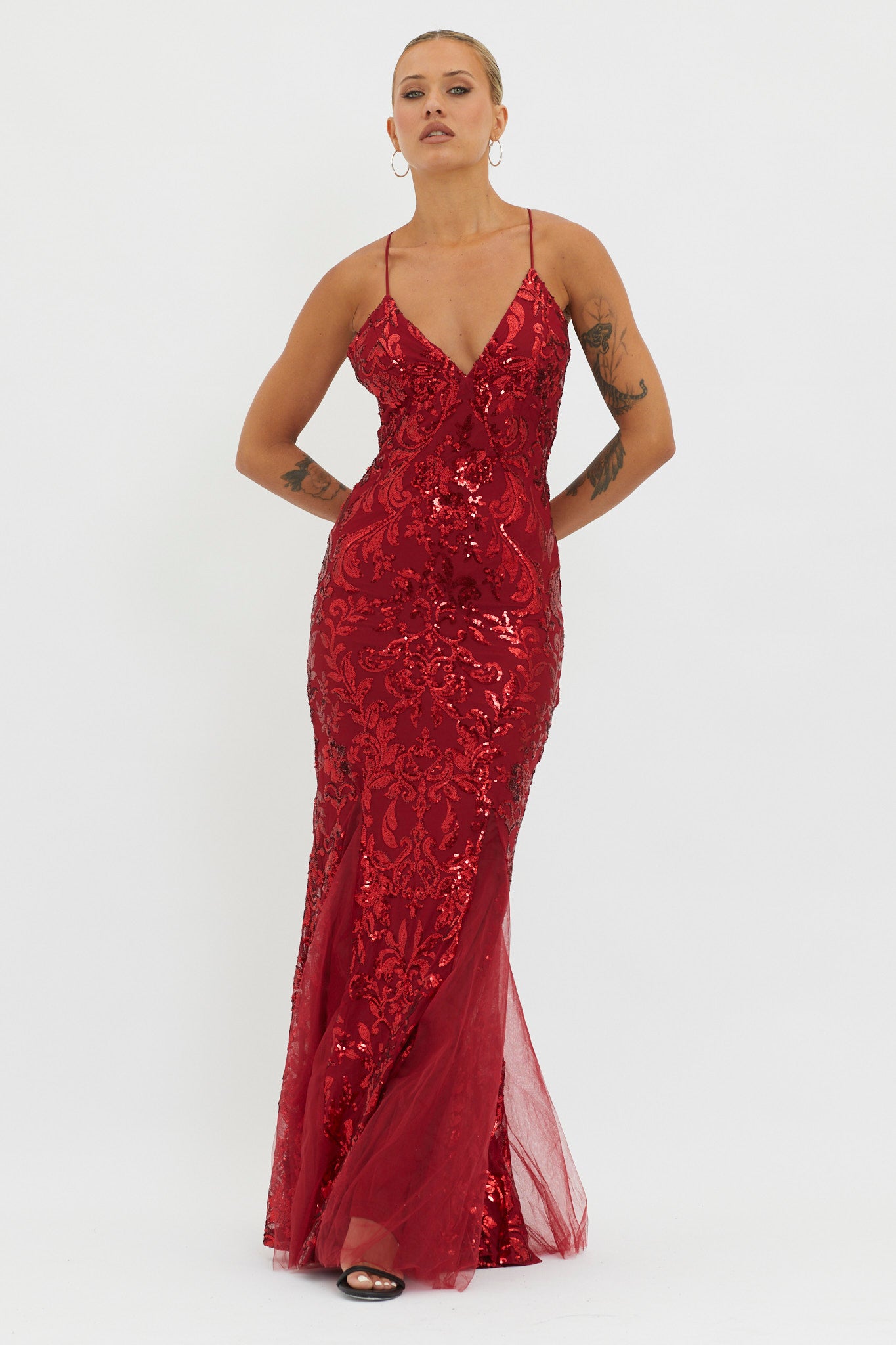 Serenade Song Godet Hem Sequin Maxi Dress Red-Maymioy