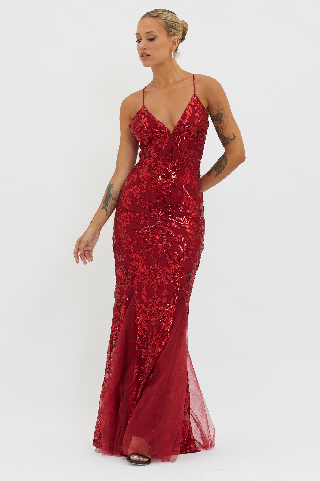 Serenade Song Godet Hem Sequin Maxi Dress Red-Maymioy
