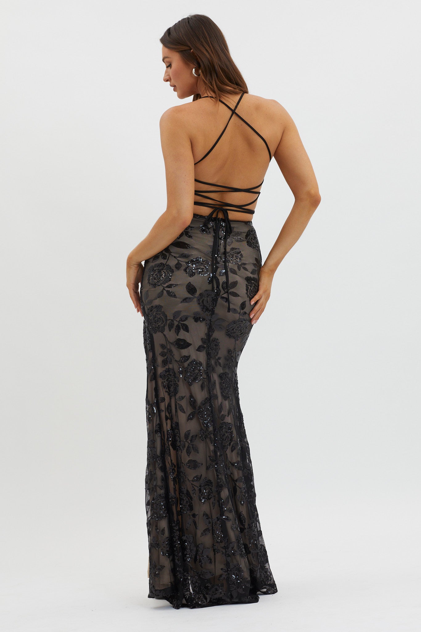 Sparks Fly Sequin Embellished Maxi Dress Black/Nude-Maymioy