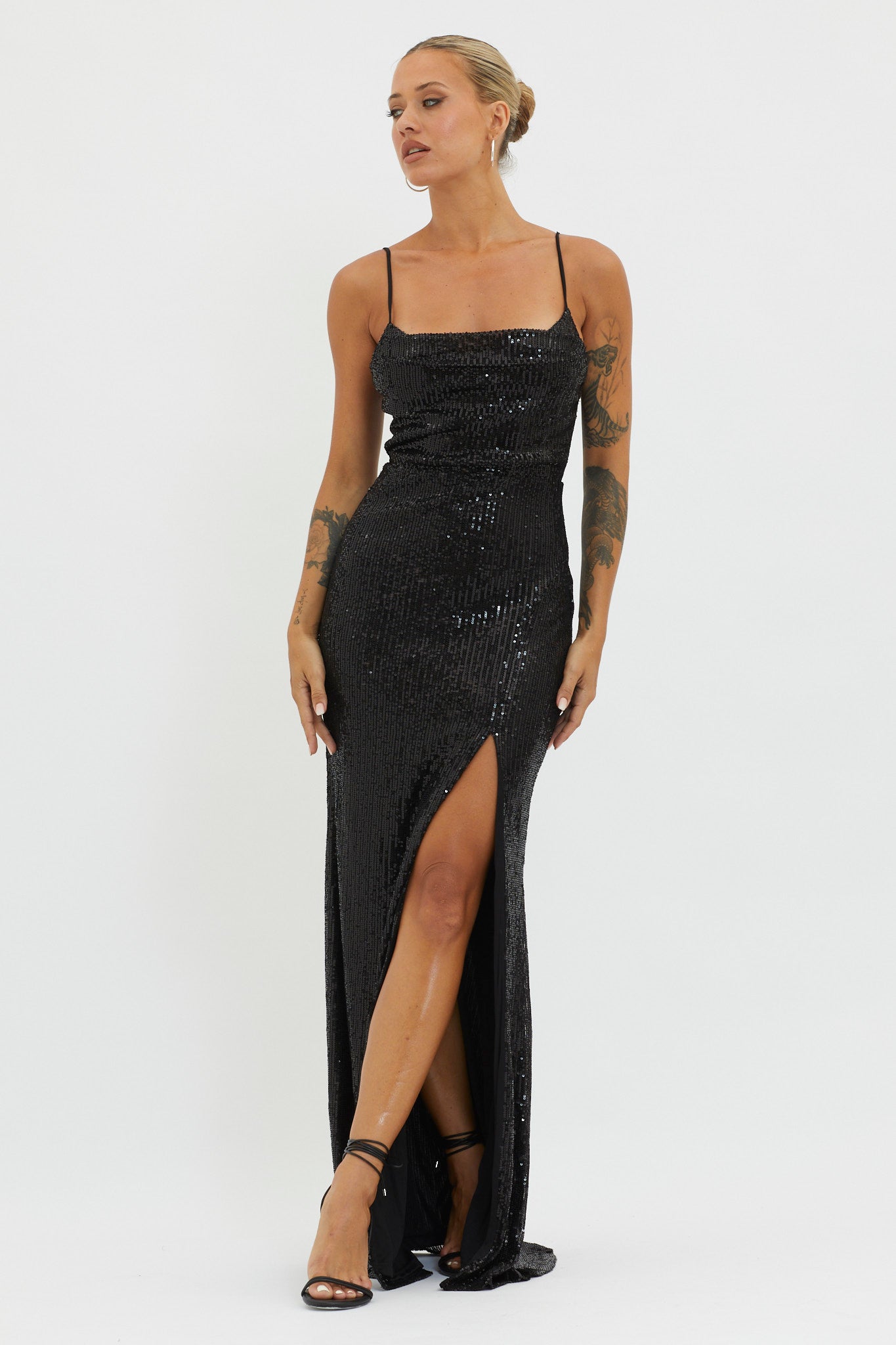 Kerene Spit Sequin Maxi Dress Black-Maymioy