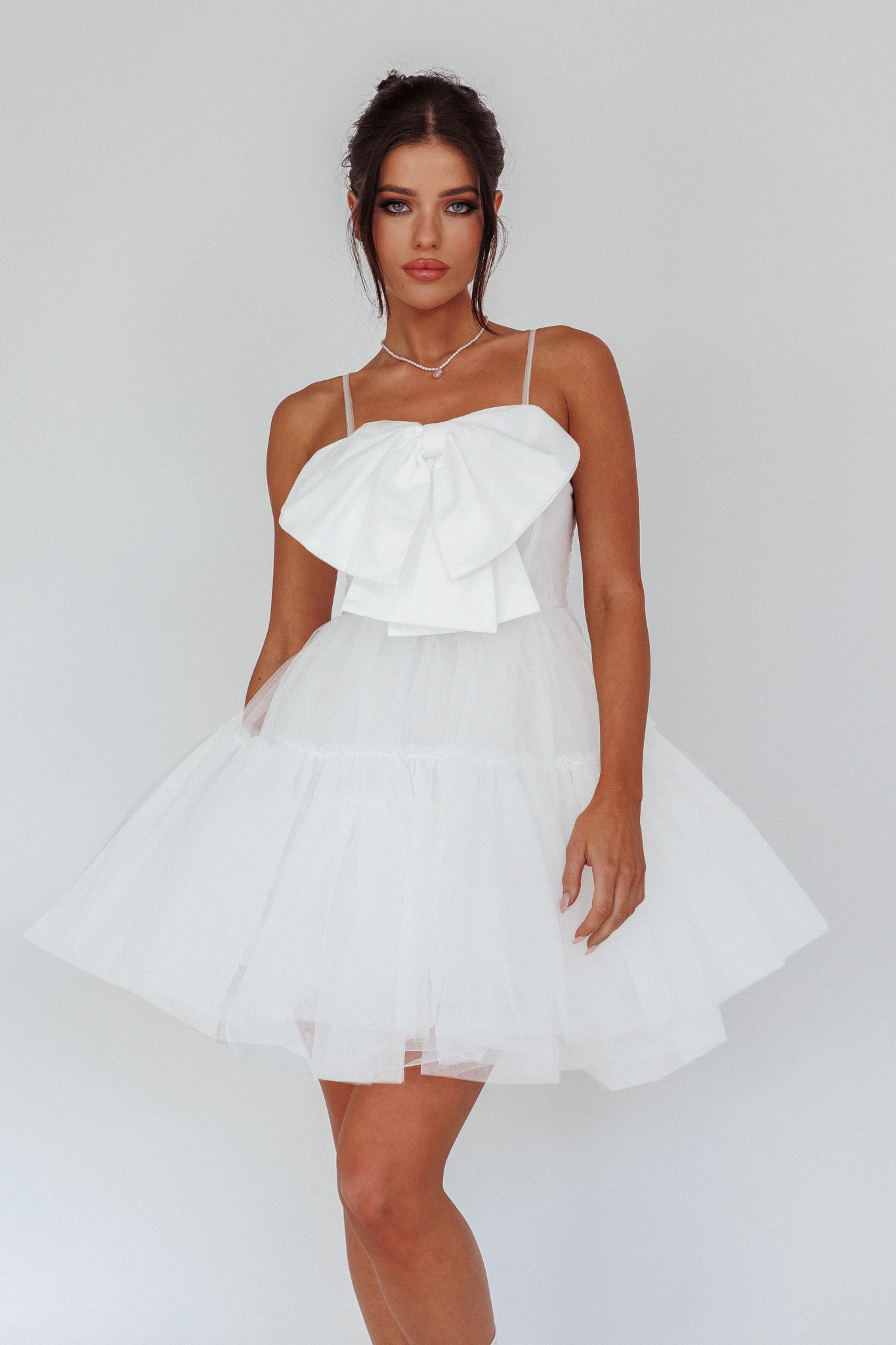 True Wish Bow Tulle Mini Dress White-Maymioy