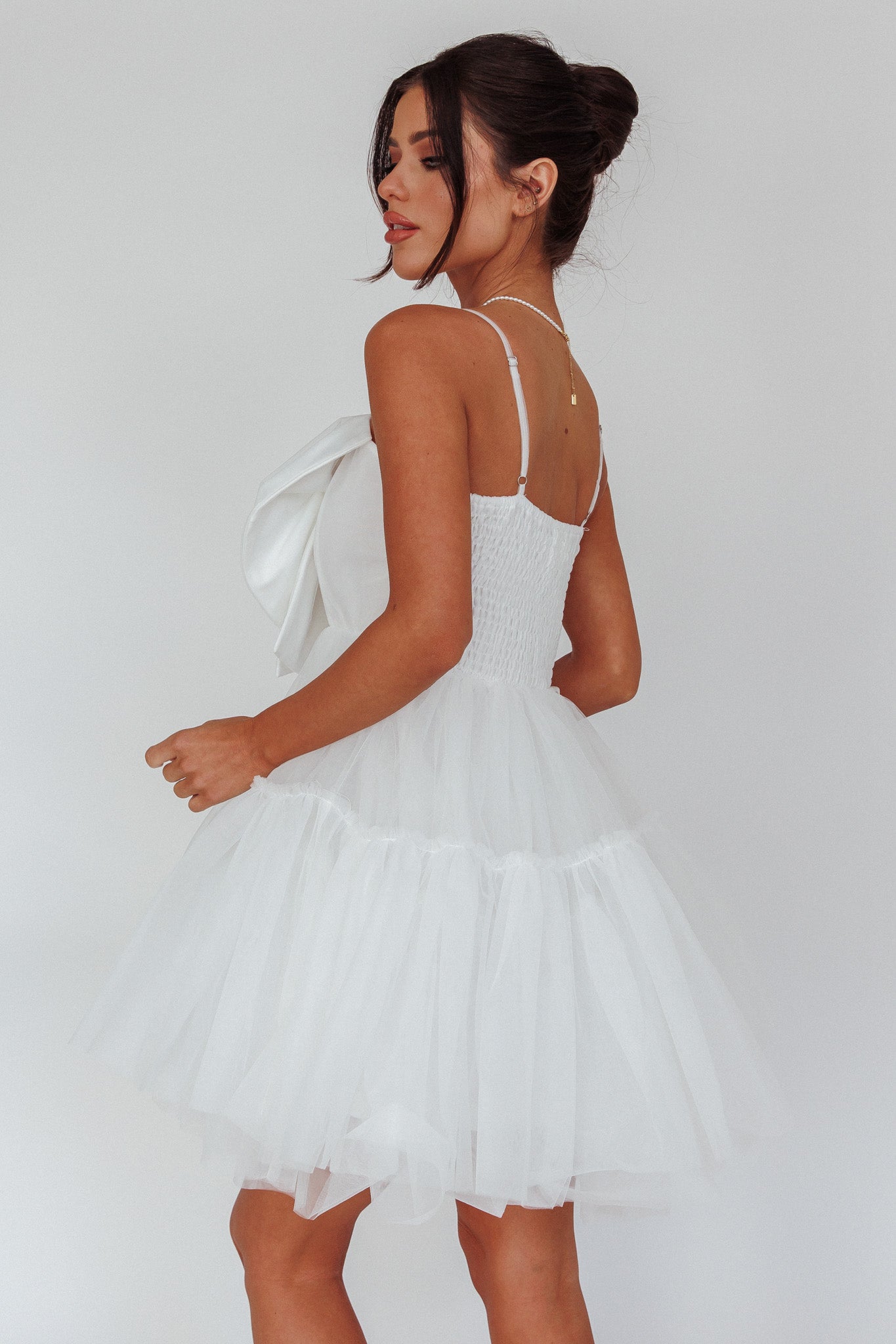 True Wish Bow Tulle Mini Dress White-Maymioy