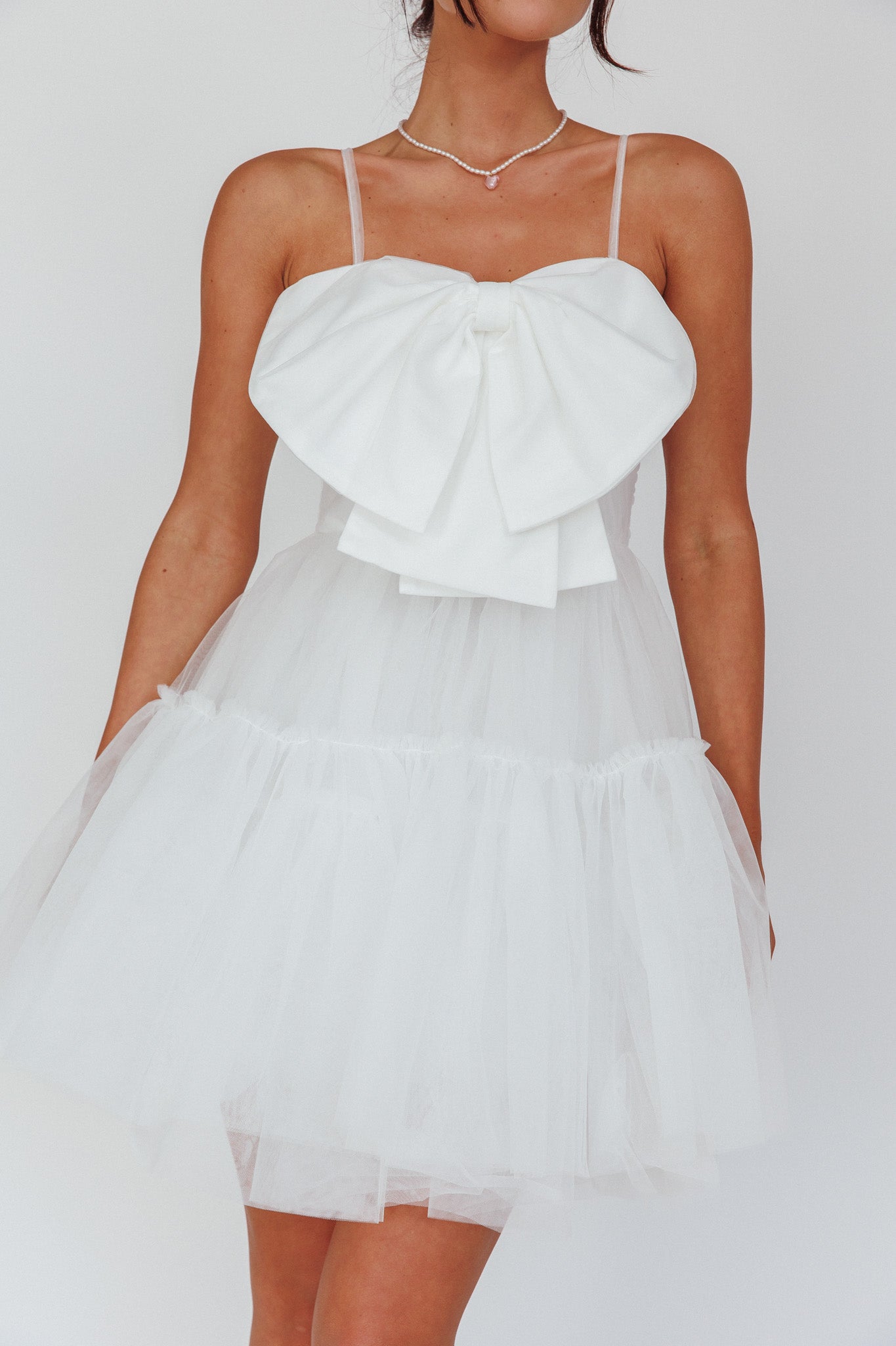 True Wish Bow Tulle Mini Dress White-Maymioy