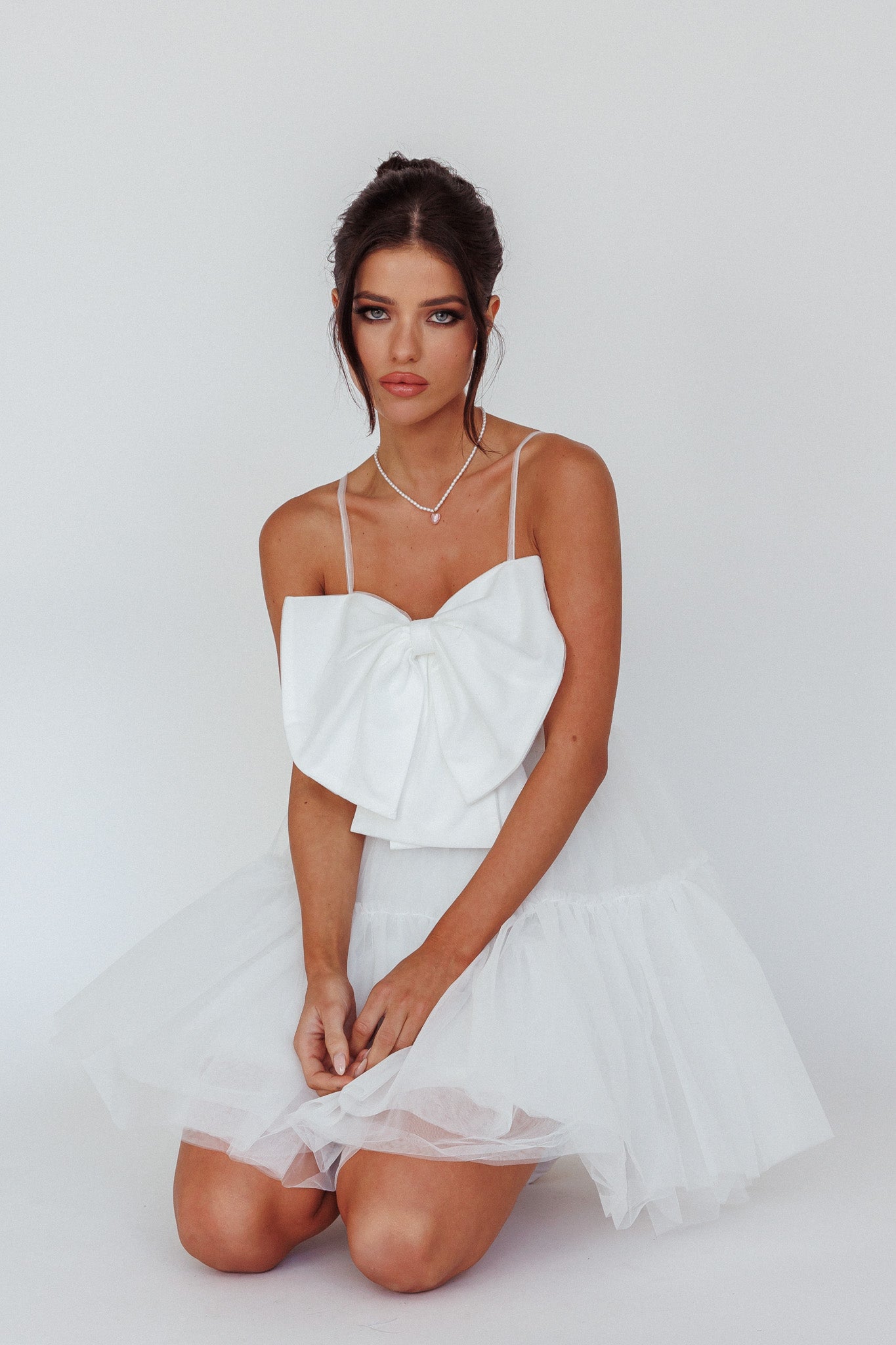 True Wish Bow Tulle Mini Dress White-Maymioy