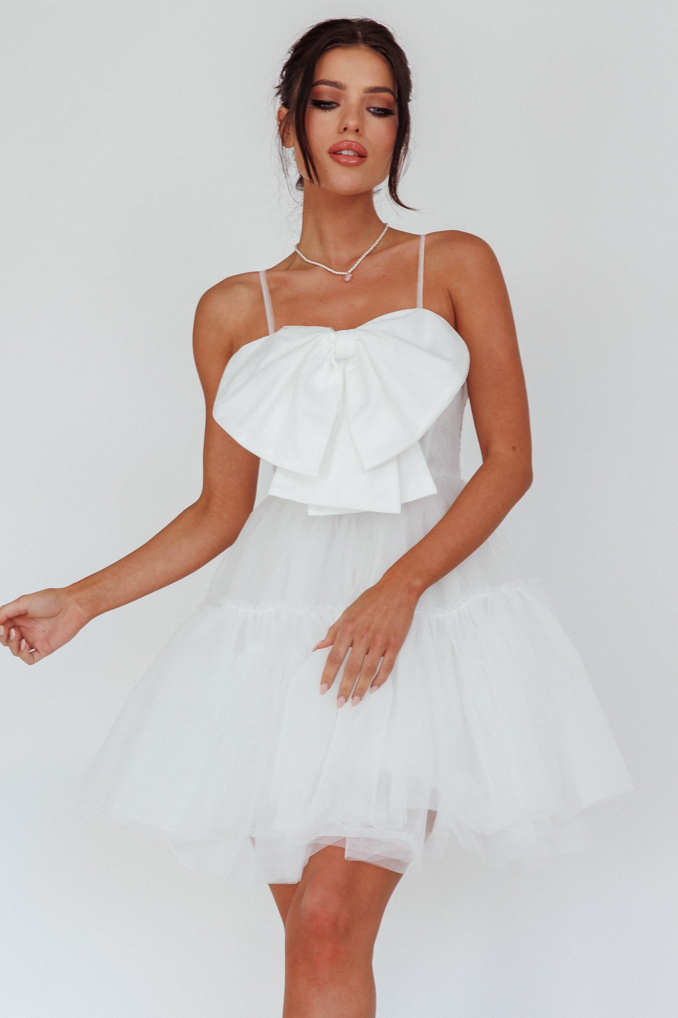 True Wish Bow Tulle Mini Dress White-Maymioy