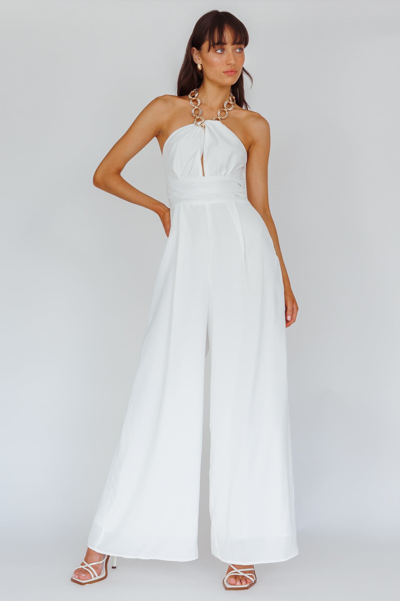 Golden Moon Chain Halter Jumpsuit White-Maymioy