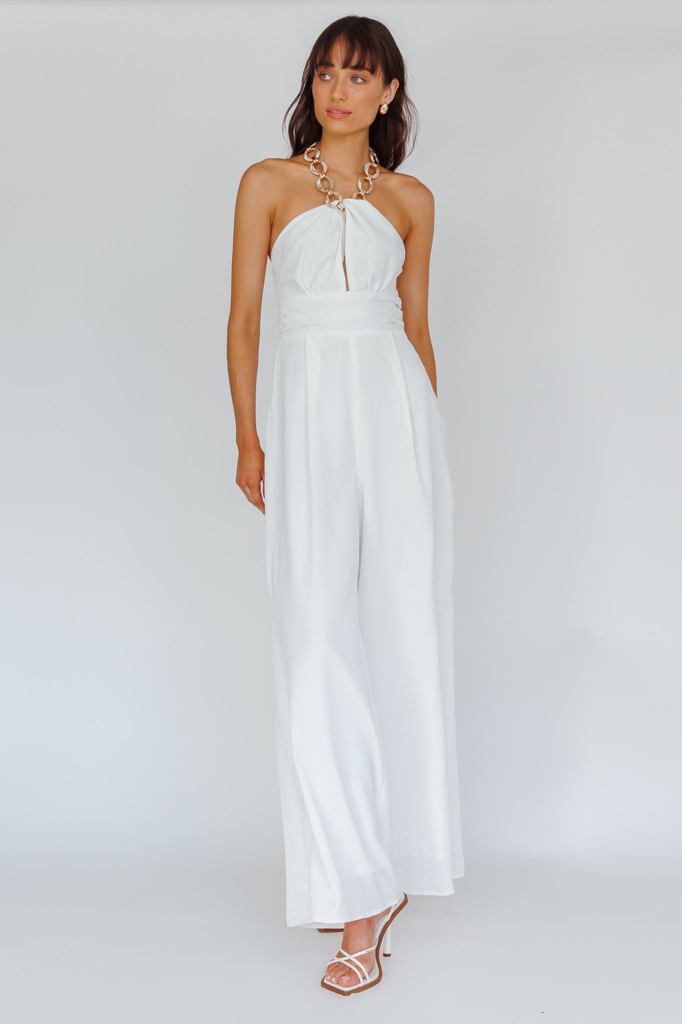 Golden Moon Chain Halter Jumpsuit White-Maymioy