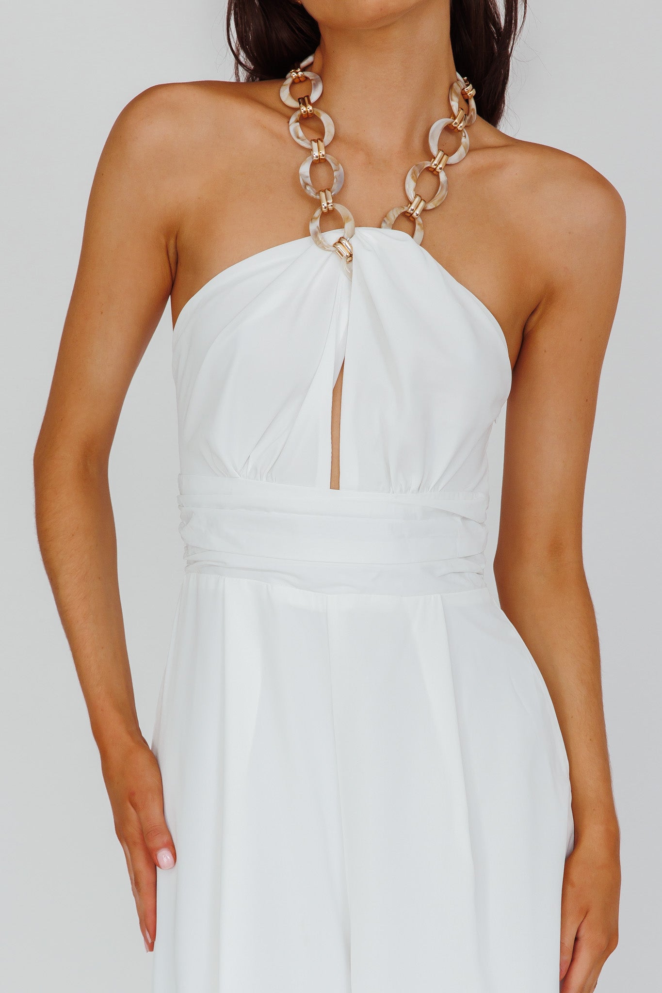 Golden Moon Chain Halter Jumpsuit White-Maymioy