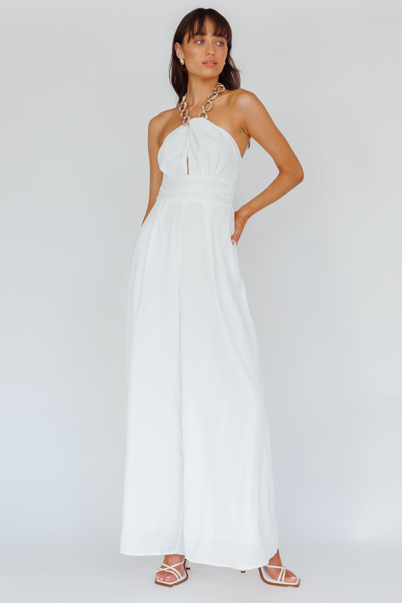 Golden Moon Chain Halter Jumpsuit White-Maymioy