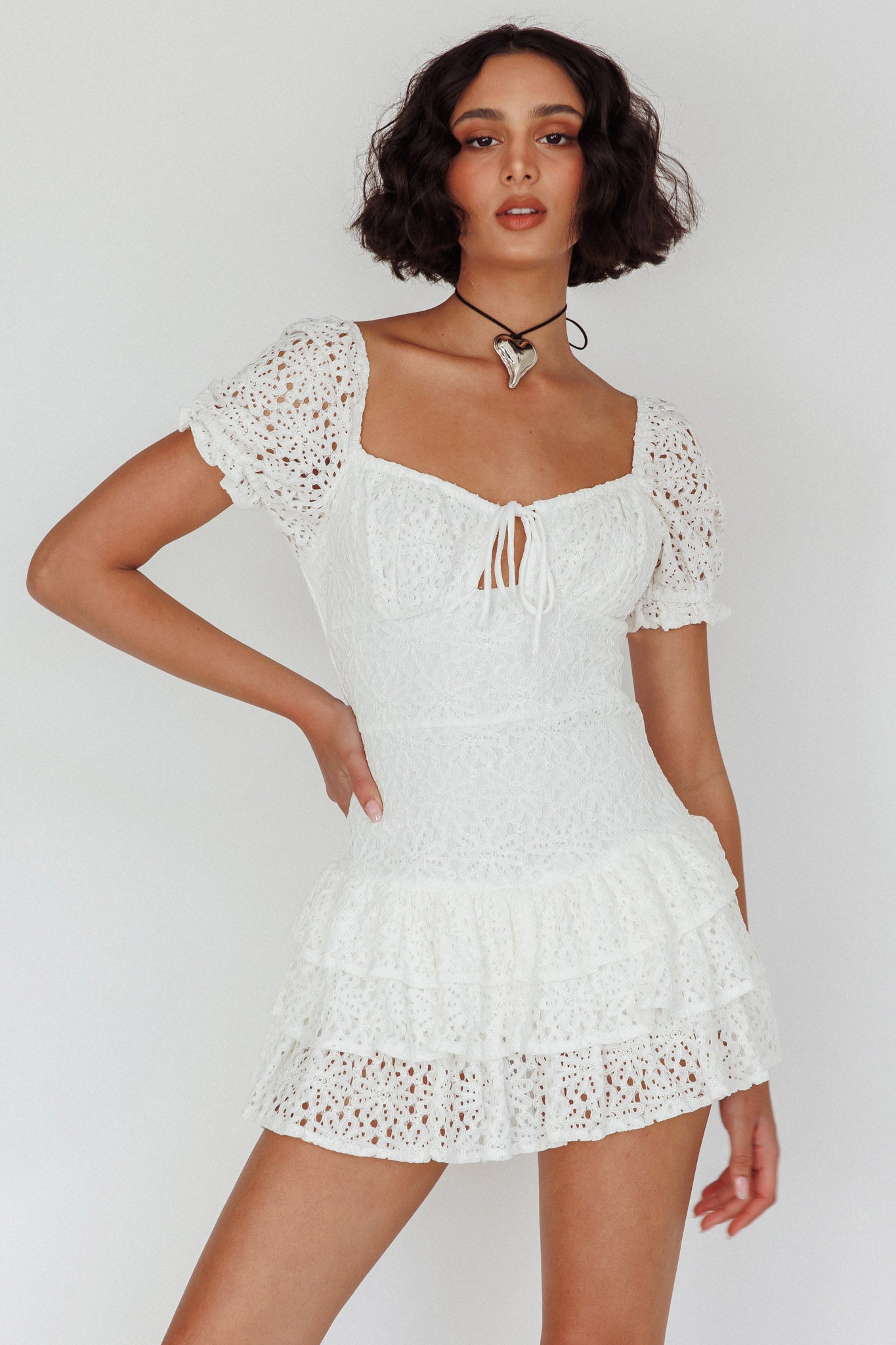 Vanda Layered Ruffle Lace Mini Dress White-Maymioy