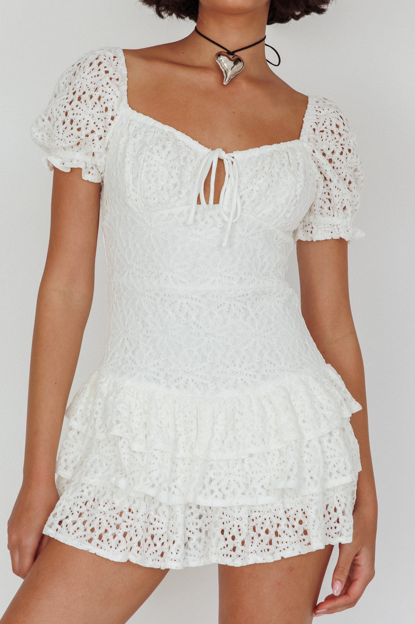 Vanda Layered Ruffle Lace Mini Dress White-Maymioy