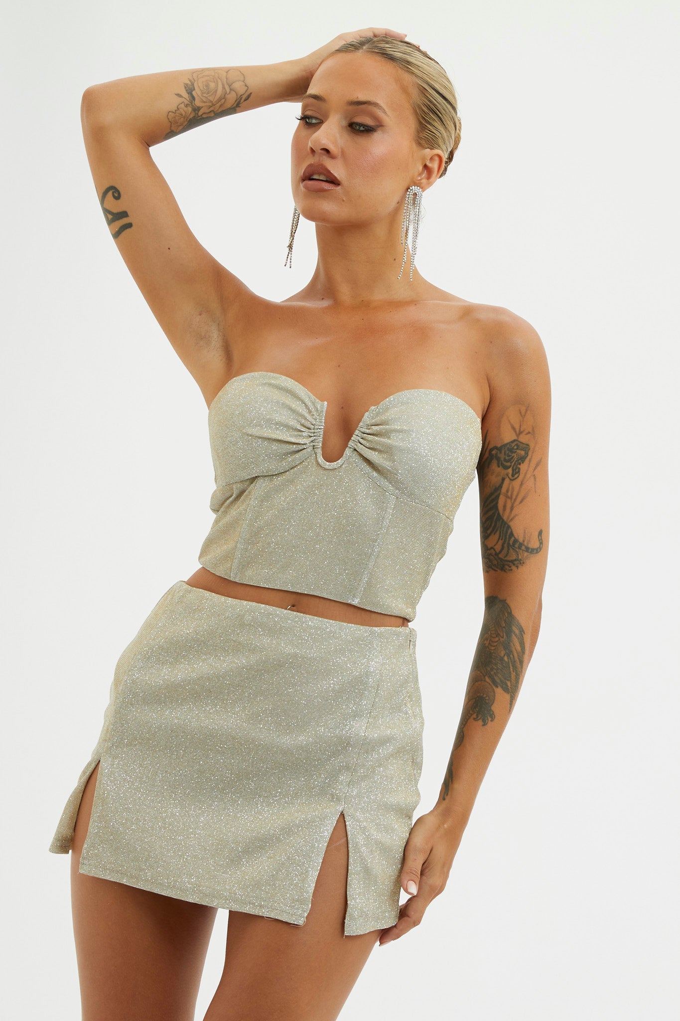 Tamira Split Mini Skirt Silver/Gold-Maymioy