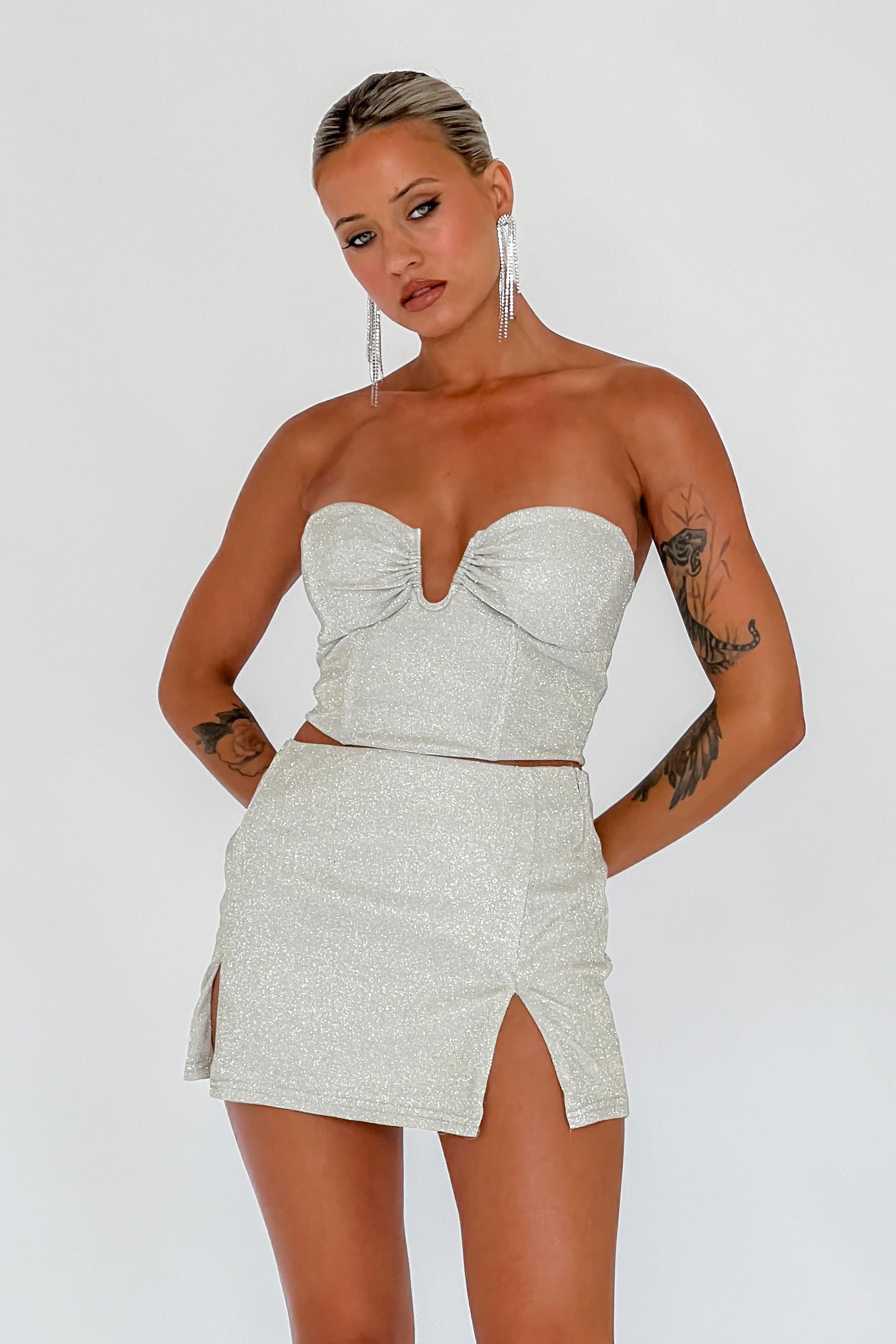 Tamira Split Mini Skirt Silver/Gold-Maymioy