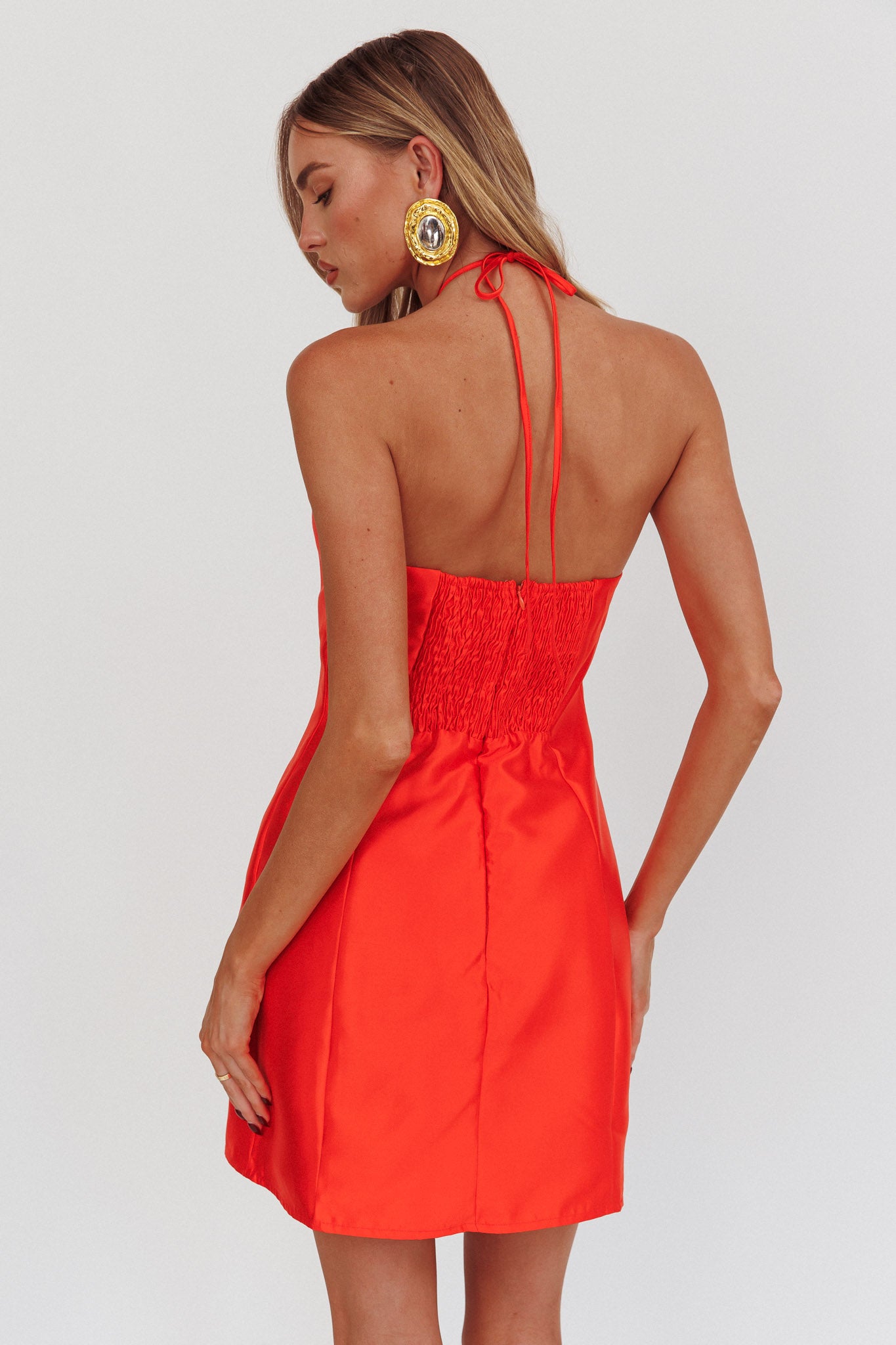 Falon Halter Bow Neck Mini Dress Red-Maymioy