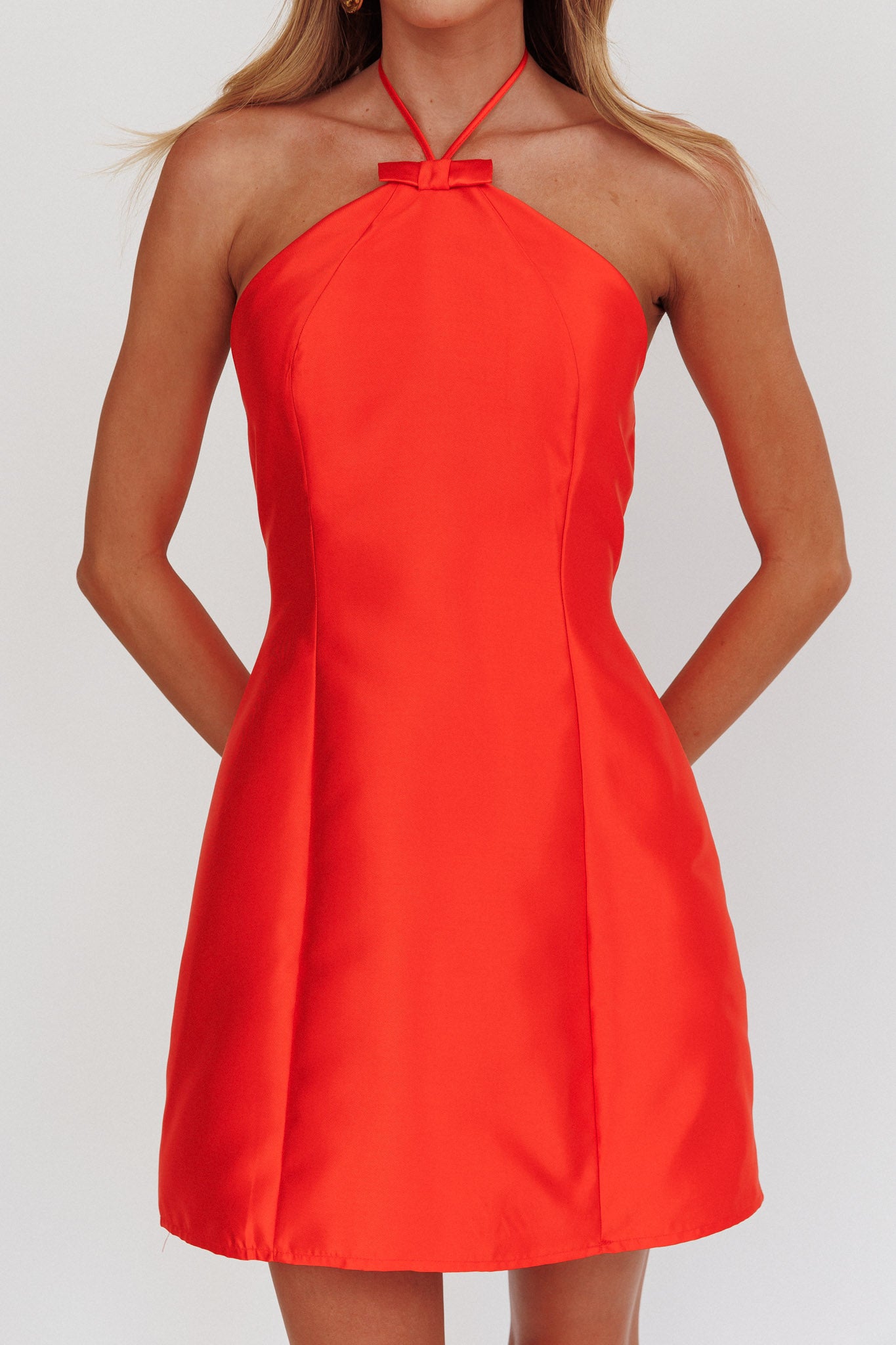 Falon Halter Bow Neck Mini Dress Red-Maymioy