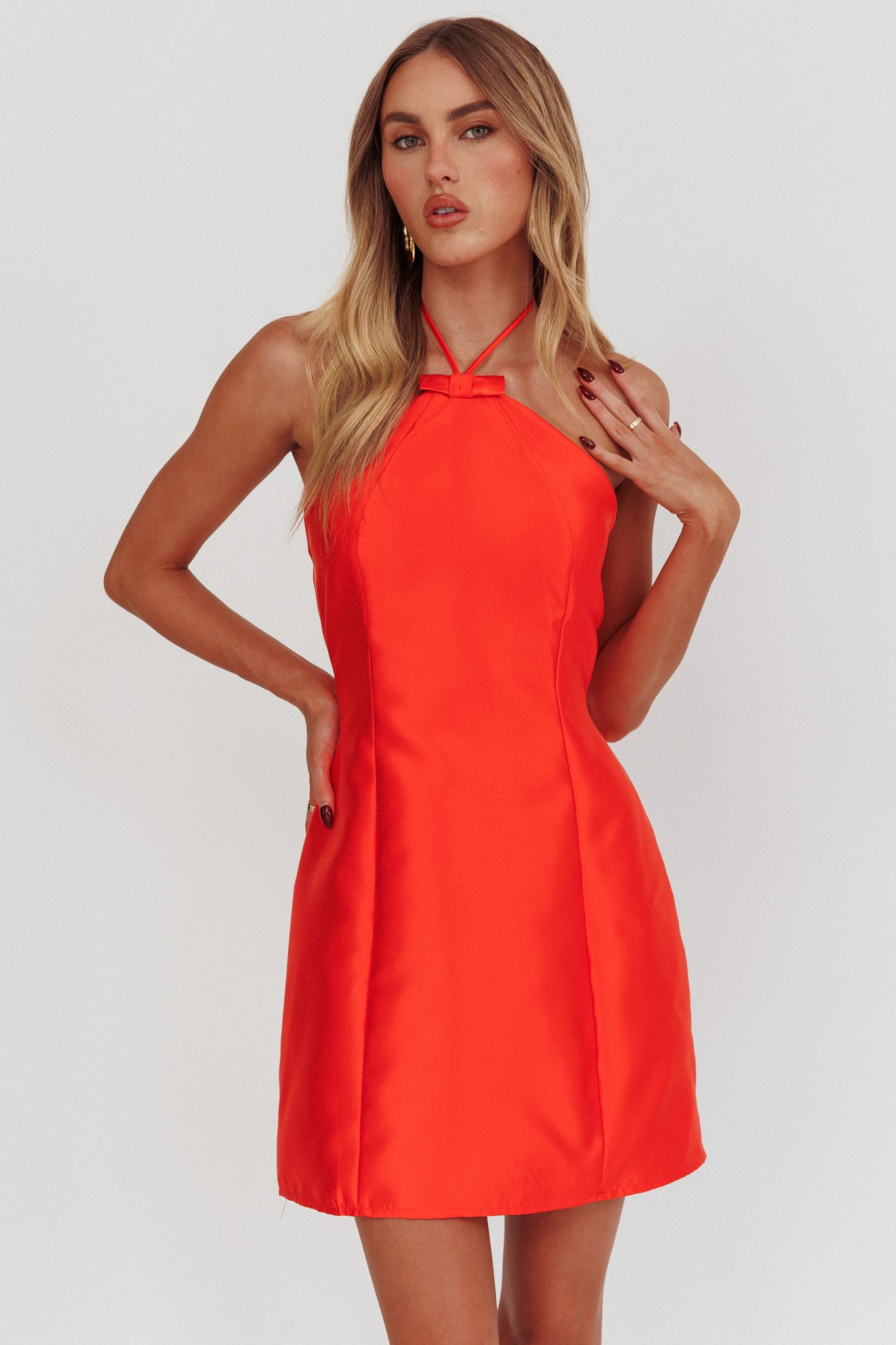 Falon Halter Bow Neck Mini Dress Red-Maymioy