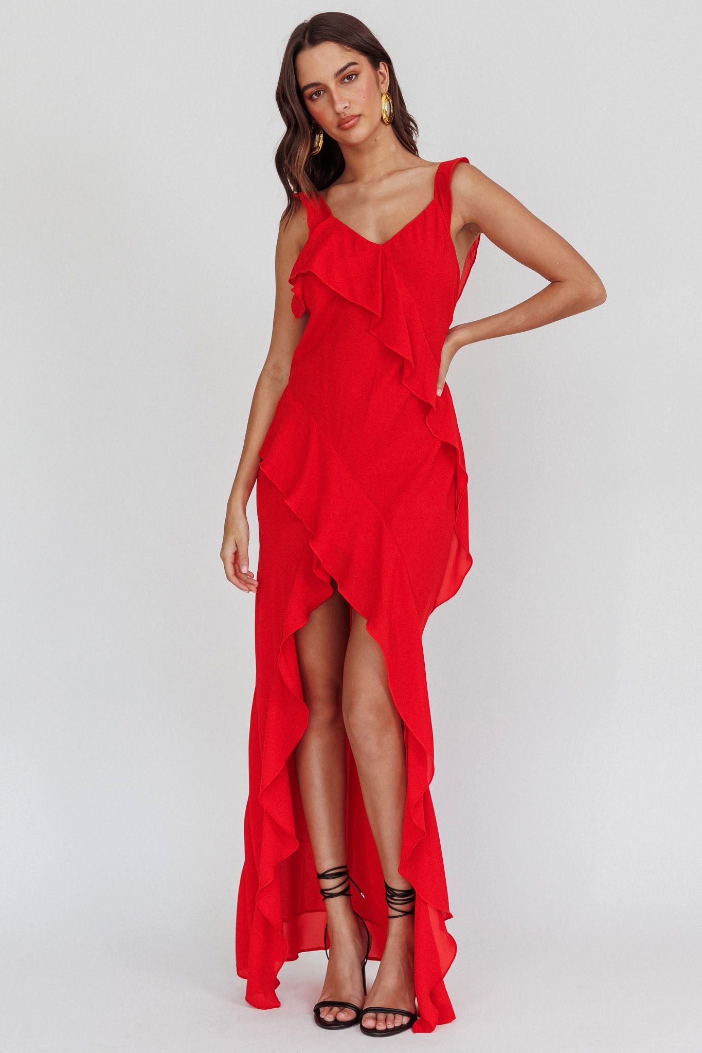Johannson Ruffle Trim Maxi Dress Red-Maymioy