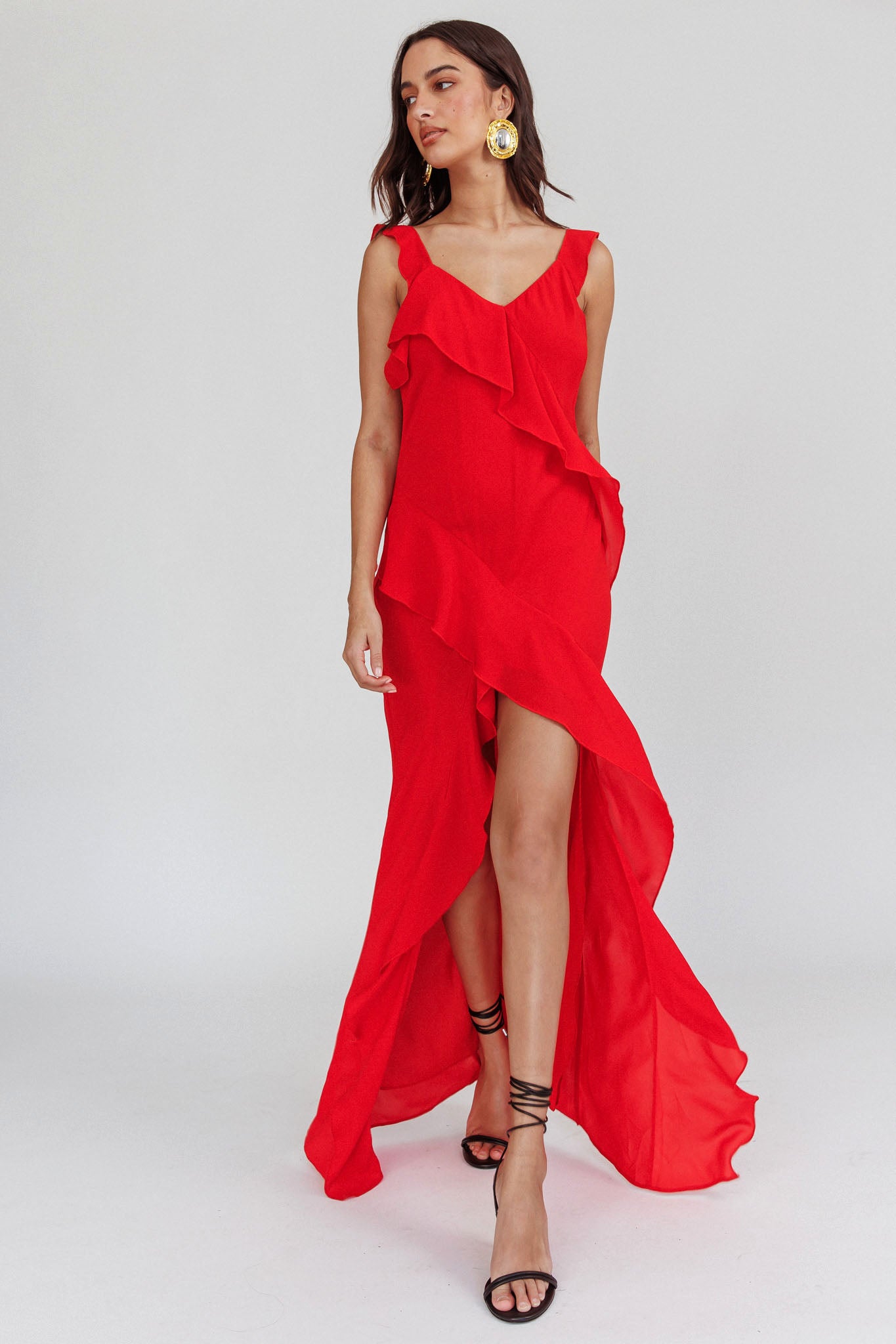 Johannson Ruffle Trim Maxi Dress Red-Maymioy