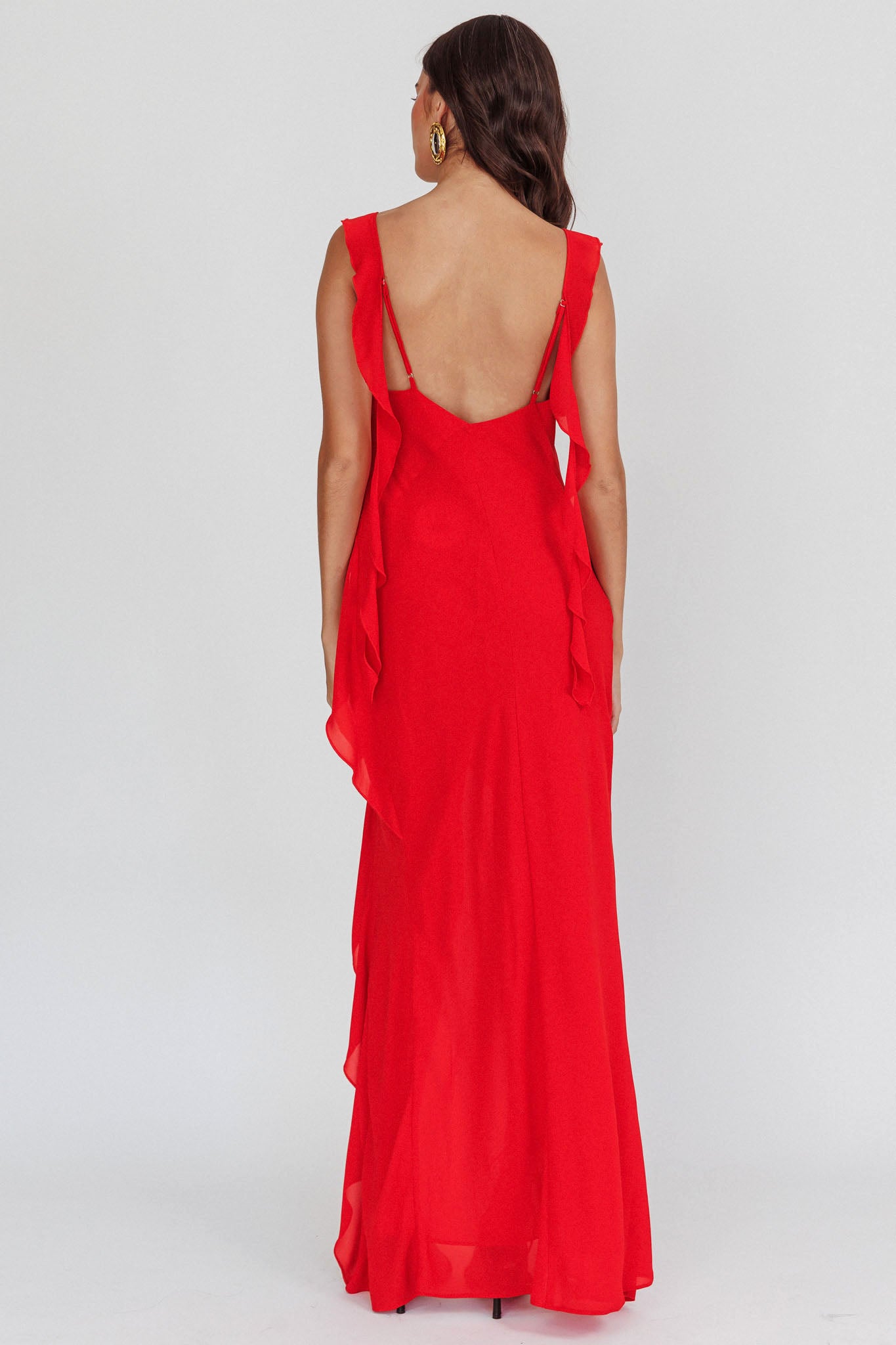 Johannson Ruffle Trim Maxi Dress Red-Maymioy