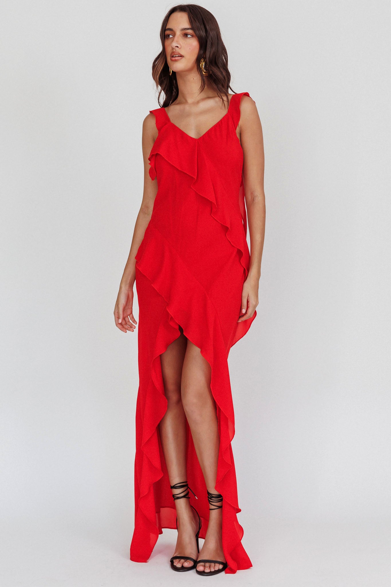 Johannson Ruffle Trim Maxi Dress Red-Maymioy
